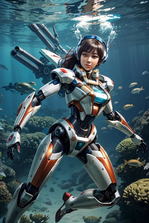Masterpiece, Female Mecha Warrior in front of space ships, green 
hair , (detailed color painted full-body armor:1.5), (detailed metallic outer skin:1.6), action_pose , fully coloring skin,giga_busty,