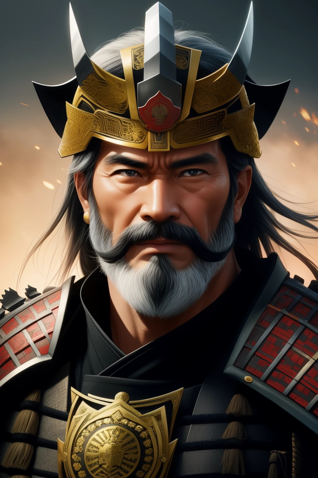 An awe-inspiring close-up portrait of The Samurai, a 50-year-old man with a stern, chiseled face, framed by his meticulously groomed white beard and bushy mustache. He wears traditional samurai armor, adorned with intricate gold patterns, and a helmet with a heraldic samurai crest. His piercing black eyes, sharpened by intense concentration, glow with an inner fire. The image is set against a vibrant, murky background, reminiscent of a stormy Japanese evening. The details are hyper-realistic, with the armor's textures beautifully rendered, and the samurai's