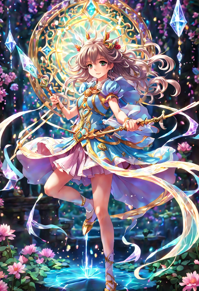 1girl, An enchanting Magical Girl with shimmering eyes and a radiant aura, dressed in an ornate, pastel-colored costume adorned with ribbons and sparkles, wielding a crystal staff, surrounded by swirling magical energy, in a dynamic pose, with a mystical and ethereal background, high-resolution, digital art, anime style, vibrant colors, with a touch of art by CLAMP and Studio Ghibli charm, detailed magic effects, 4K HD, (masterpiece), (best quality), (ultra-detailed), illustration, disheveled hair, perfect composition, moist skin, intricate details, earrings