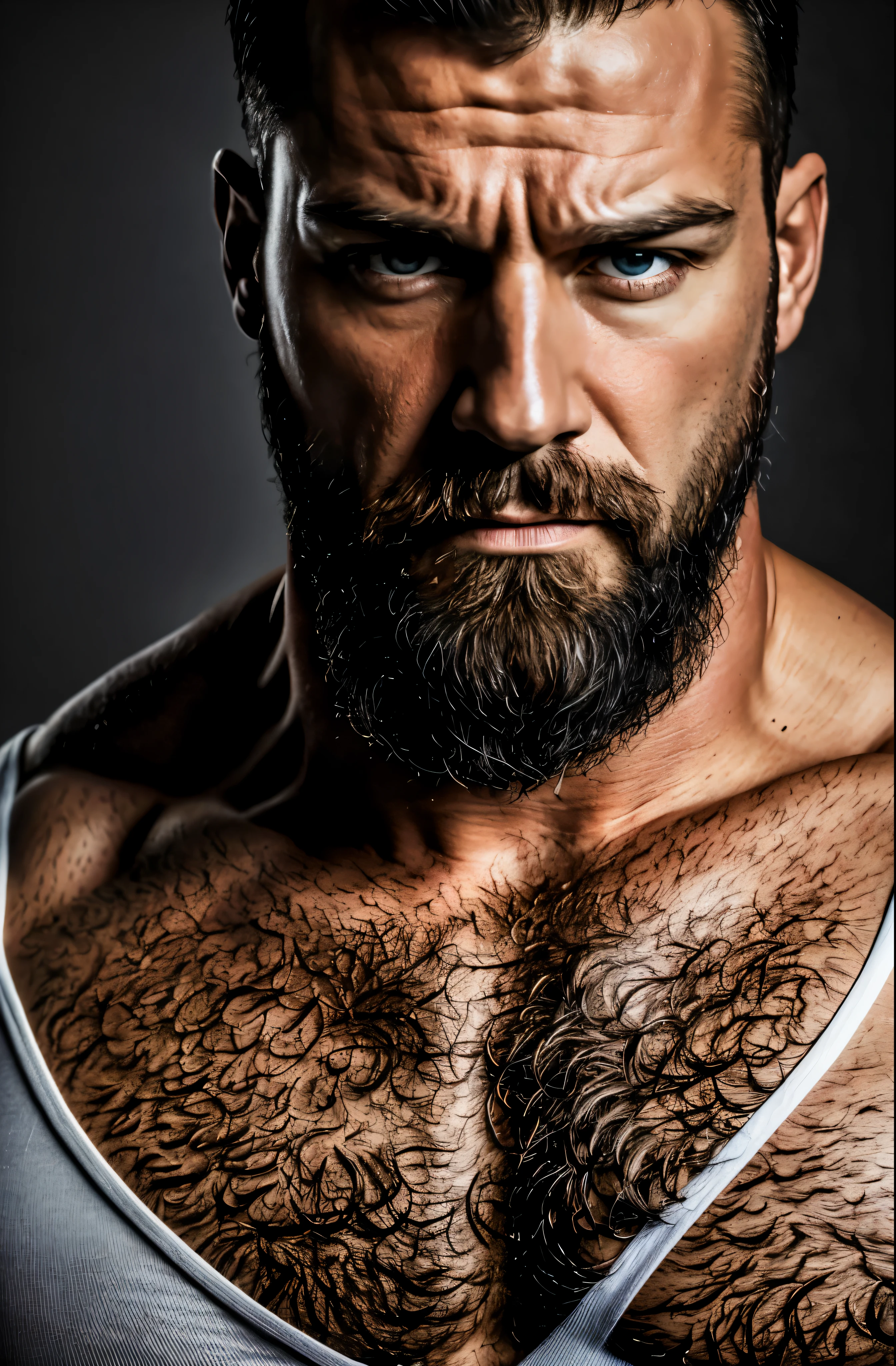 (high resolution,Realista:1.2),retrato,40 years,hombre musculoso,ropa interior blanca,detailed muscles,masculino,Pelo oscuro,barba,serious expression,professional lighting,Sharp focus,vivid colors