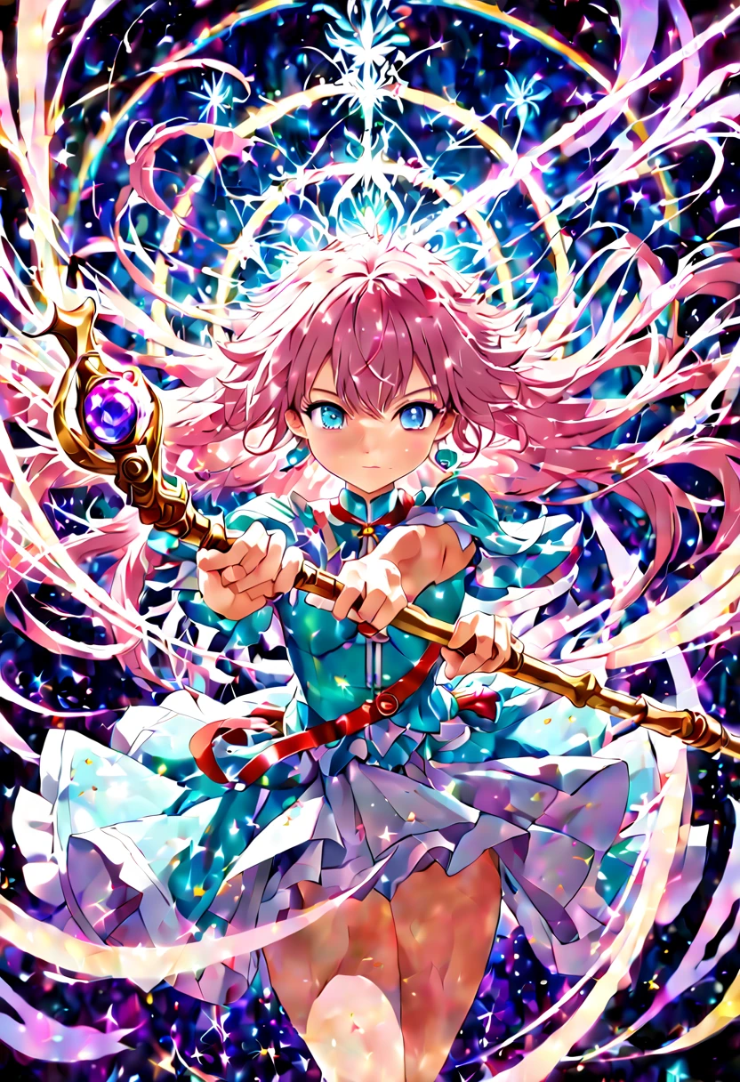 1girl, An enchanting Magical Girl with shimmering eyes and a radiant aura, dressed in an ornate, pastel-colored costume adorned with ribbons and sparkles, wielding a crystal staff, surrounded by swirling magical energy, in a dynamic pose, with a mystical and ethereal background, high-resolution, digital art, anime style, vibrant colors, with a touch of art by CLAMP and Studio Ghibli charm, detailed magic effects, 4K HD, (masterpiece), (best quality), (ultra-detailed), illustration, disheveled hair, perfect composition, moist skin, intricate details, earrings