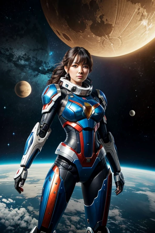 Masterpiece, Female Mecha Warrior in front of space ships, green 
hair , (detailed color painted full-body armor:1.5), (detailed metallic outer skin:1.6), action_pose , fully coloring skin,giga_busty,