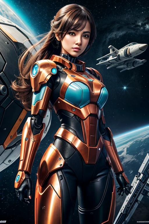 Masterpiece, Female Mecha Warrior in front of space ships, green 
hair , (detailed color painted full-body armor:1.5), (detailed metallic outer skin:1.6), action_pose , fully coloring skin,giga_busty,