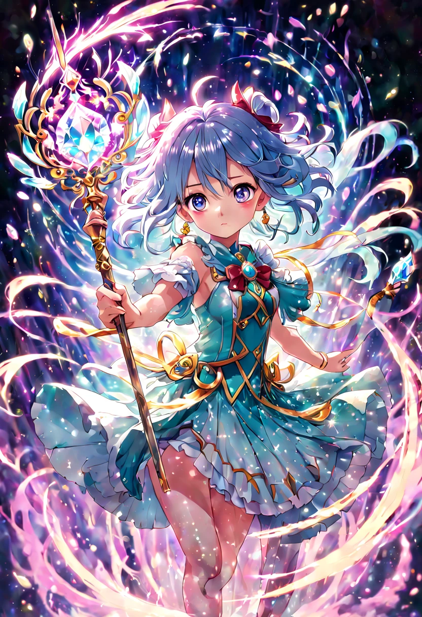 1girl, Digital illustration, Magical Girl in a Surreal Landscape, vibrant anime and fantasy art styles inspired by CLAMP and P.A. Works, the magical girl (hovers above a field of flowers, her flowing dress and long hair illuminated by a soft glow as sparkling petals swirl around her), shot on a high resolution digital camera with a 35mm lens from a three-quarter front view, rendered in crisp detail with atmospheric lighting effects, (masterpiece), (best quality), (ultra-detailed), illustration, disheveled hair, perfect composition, moist skin, intricate details, earrings