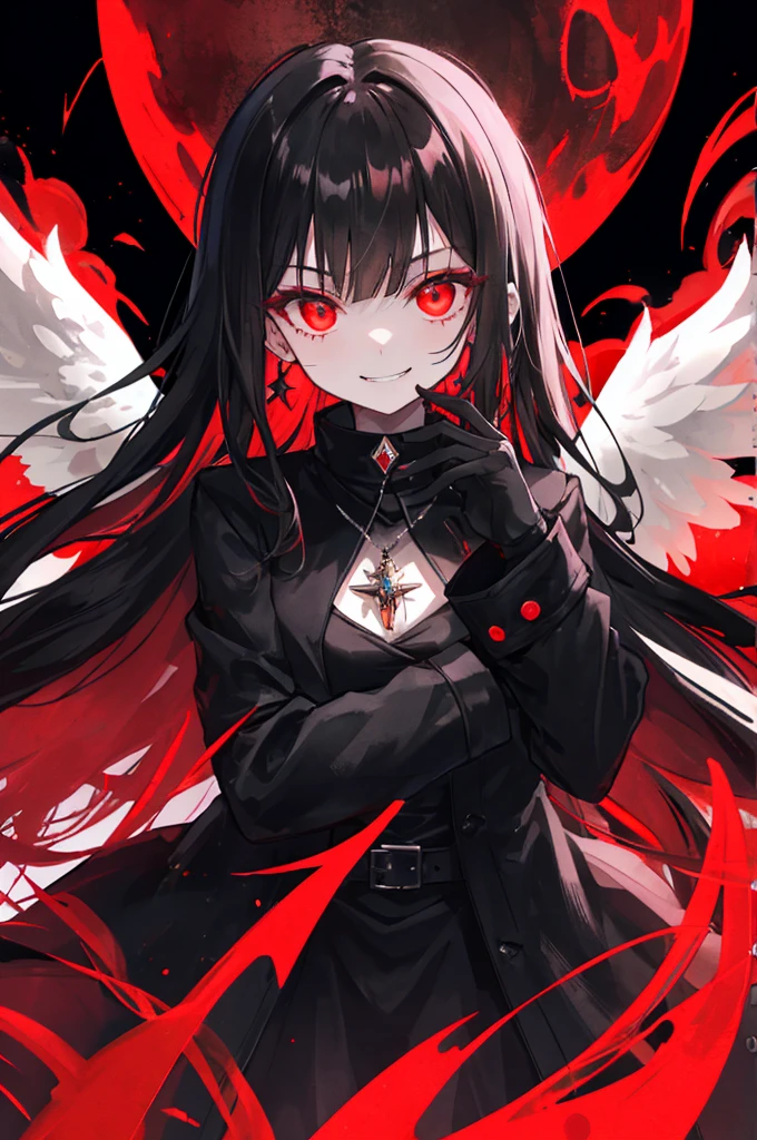 1 girl, (scary), Angel, Gorchos, (red aura), dark, glowing eyes, red eyes, Angel wings, luminous pendant, holy, Sensual, black coat, feather, confident, Smile, expressive eyes, round eyes, Comparison of, shadow, masterpiece, The art of mathematics, glowing eyes, intimidating, damaged, satanic, red moon, Abstract, Feelings