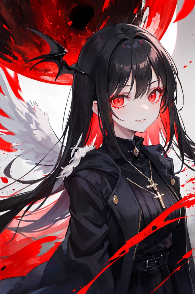 1 girl, (scary), Angel, Gorchos, (red aura), dark, glowing eyes, red eyes, Angel wings, luminous pendant, holy, Sensual, black coat, feather, confident, Smile, expressive eyes, round eyes, Comparison of, shadow, masterpiece, The art of mathematics, glowing eyes, intimidating, damaged, satanic, red moon, Abstract, Feelings