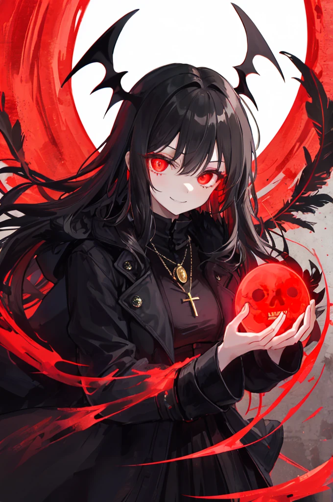 1 girl, (scary), Angel, Gorchos, (red aura), dark, glowing eyes, red eyes, Angel wings, luminous pendant, holy, Sensual, black coat, feather, confident, Smile, expressive eyes, round eyes, Comparison of, shadow, masterpiece, The art of mathematics, glowing eyes, intimidating, damaged, satanic, red moon, Abstract, Feelings