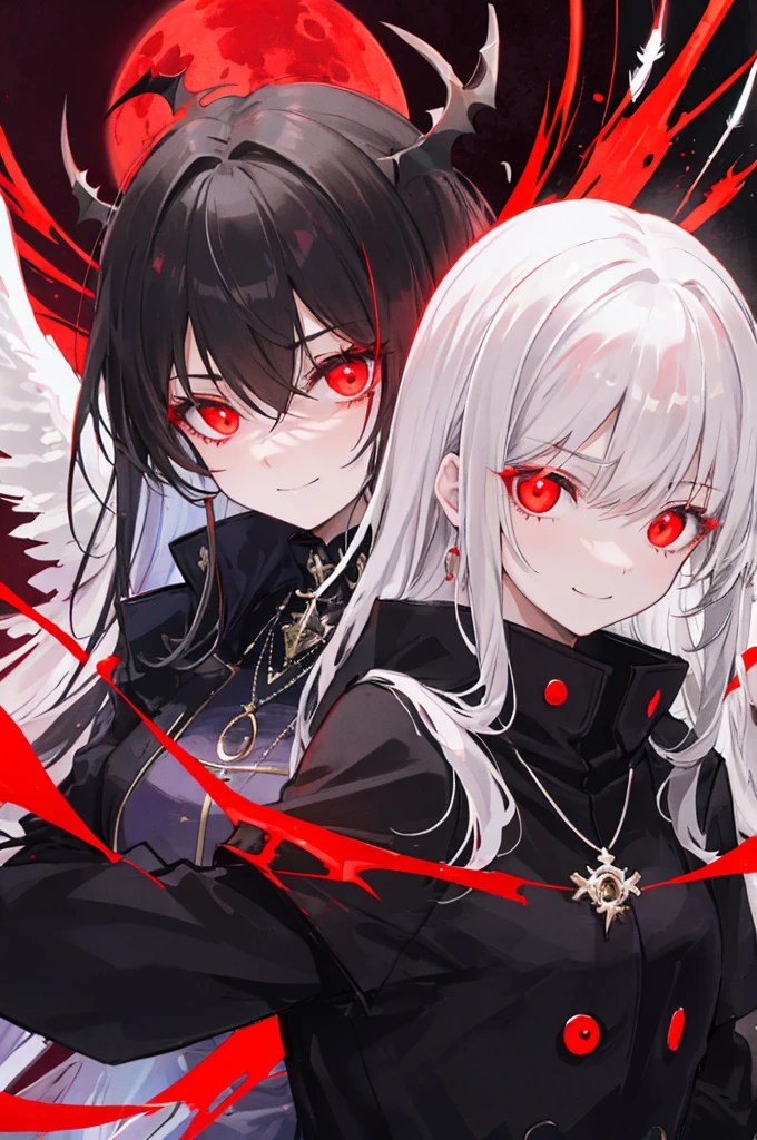 1 girl, (scary), Angel, Gorchos, (red aura), dark, glowing eyes, red eyes, Angel wings, luminous pendant, holy, Sensual, black coat, feather, confident, Smile, expressive eyes, round eyes, Comparison of, shadow, masterpiece, The art of mathematics, glowing eyes, intimidating, damaged, satanic, red moon, Abstract, Feelings