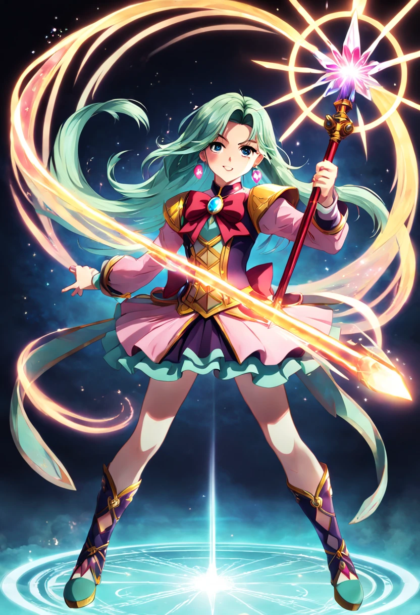 1girl, Digital illustration, Magical Girl in a Surreal Landscape, vibrant anime and fantasy art styles inspired by CLAMP and P.A. Works, the magical girl (hovers above a field of flowers, her flowing dress and long hair illuminated by a soft glow as sparkling petals swirl around her), shot on a high resolution digital camera with a 35mm lens from a three-quarter front view, rendered in crisp detail with atmospheric lighting effects, (masterpiece), (best quality), (ultra-detailed), illustration, disheveled hair, perfect composition, moist skin, intricate details, earrings