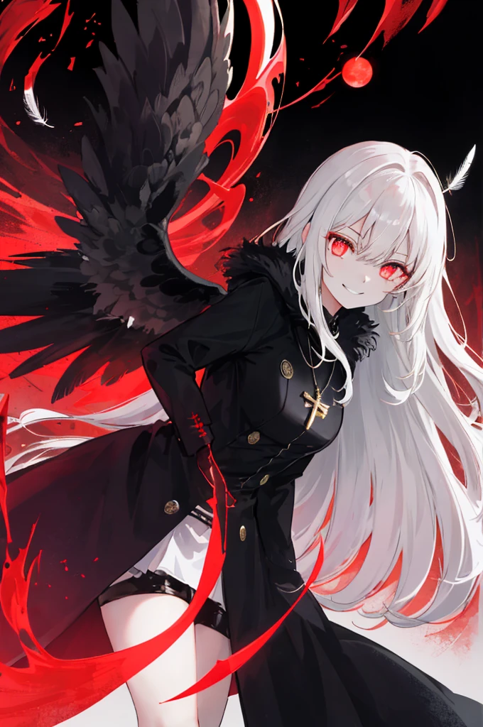 1 girl, (scary), Angel, Gorchos, (red aura), dark, glowing eyes, red eyes, Angel wings, luminous pendant, holy, Sensual, black coat, feather, confident, Smile, expressive eyes, round eyes, Comparison of, shadow, masterpiece, The art of mathematics, glowing eyes, intimidating, damaged, satanic, red moon, Abstract, Feelings