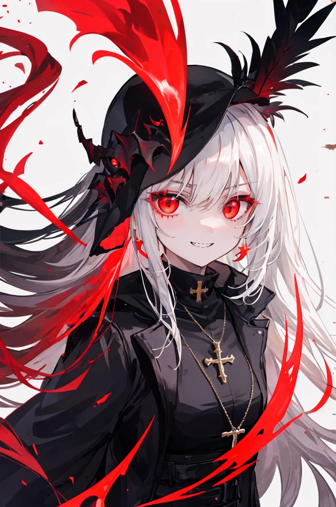 1 girl, (scary), Angel, Gorchos, (red aura), dark, glowing eyes, red eyes, Angel wings, luminous pendant, holy, Sensual, black coat, feather, confident, Smile, expressive eyes, round eyes, Comparison of, shadow, masterpiece, The art of mathematics, glowing eyes, intimidating, damaged, satanic, red moon, Abstract, Feelings