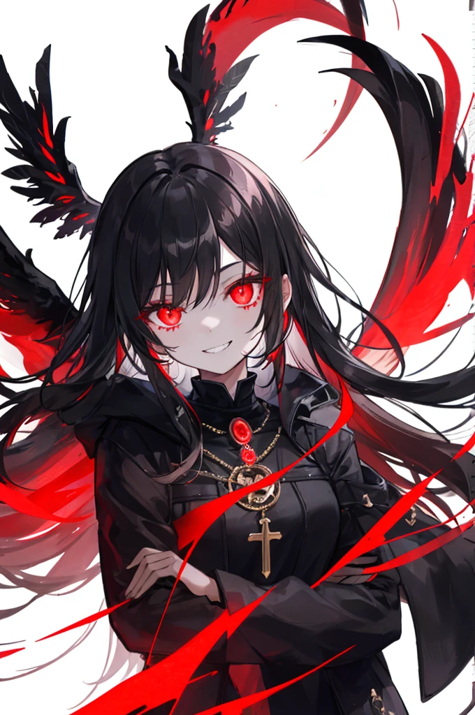1 girl, (scary), Angel, Gorchos, (red aura), dark, glowing eyes, red eyes, Angel wings, luminous pendant, holy, Sensual, black coat, feather, confident, Smile, expressive eyes, round eyes, Comparison of, shadow, masterpiece, The art of mathematics, glowing eyes, intimidating, damaged, satanic, red moon, Abstract, Feelings