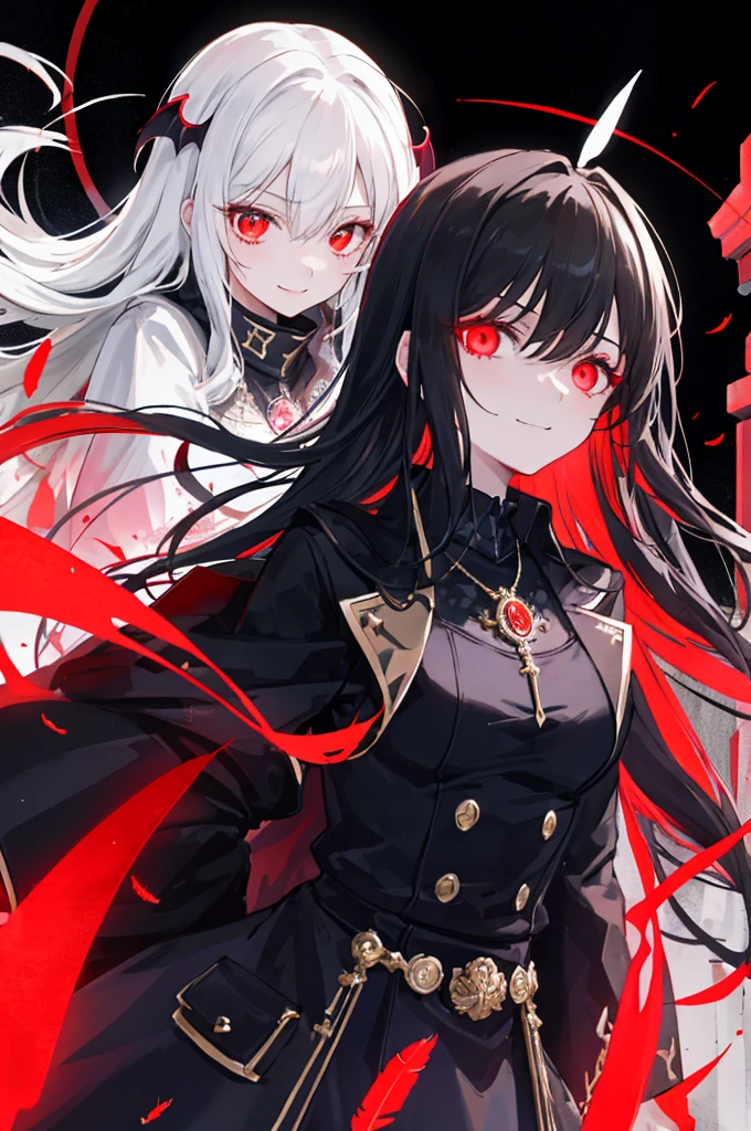 1 girl, (scary), Angel, Gorchos, (red aura), dark, glowing eyes, red eyes, Angel wings, luminous pendant, holy, Sensual, black coat, feather, confident, Smile, expressive eyes, round eyes, Comparison of, shadow, masterpiece, The art of mathematics, glowing eyes, intimidating, damaged, satanic, red moon, Abstract, Feelings