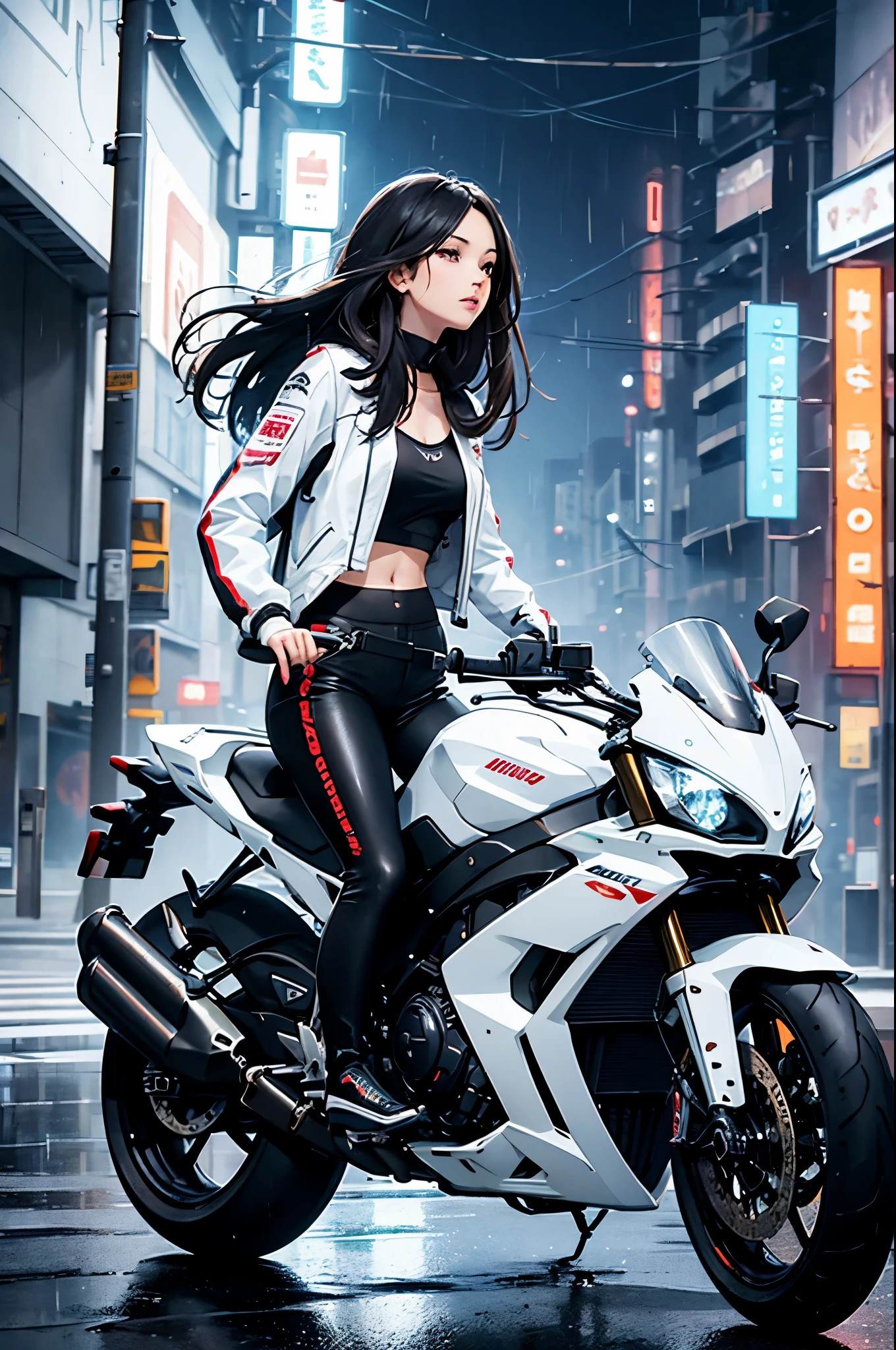 masterpiece, high quality, 1girl, solo, acheron, beautiful woman, riding white superbike, street racing, dark gradient hair, hair over eye, (painterly style, impressionism), dynamic, cinematic, jacket, navel, motion blur, spinning wheels, raining, cyberpunk streets, light trails, shorts, riding boots, action shot, glowing