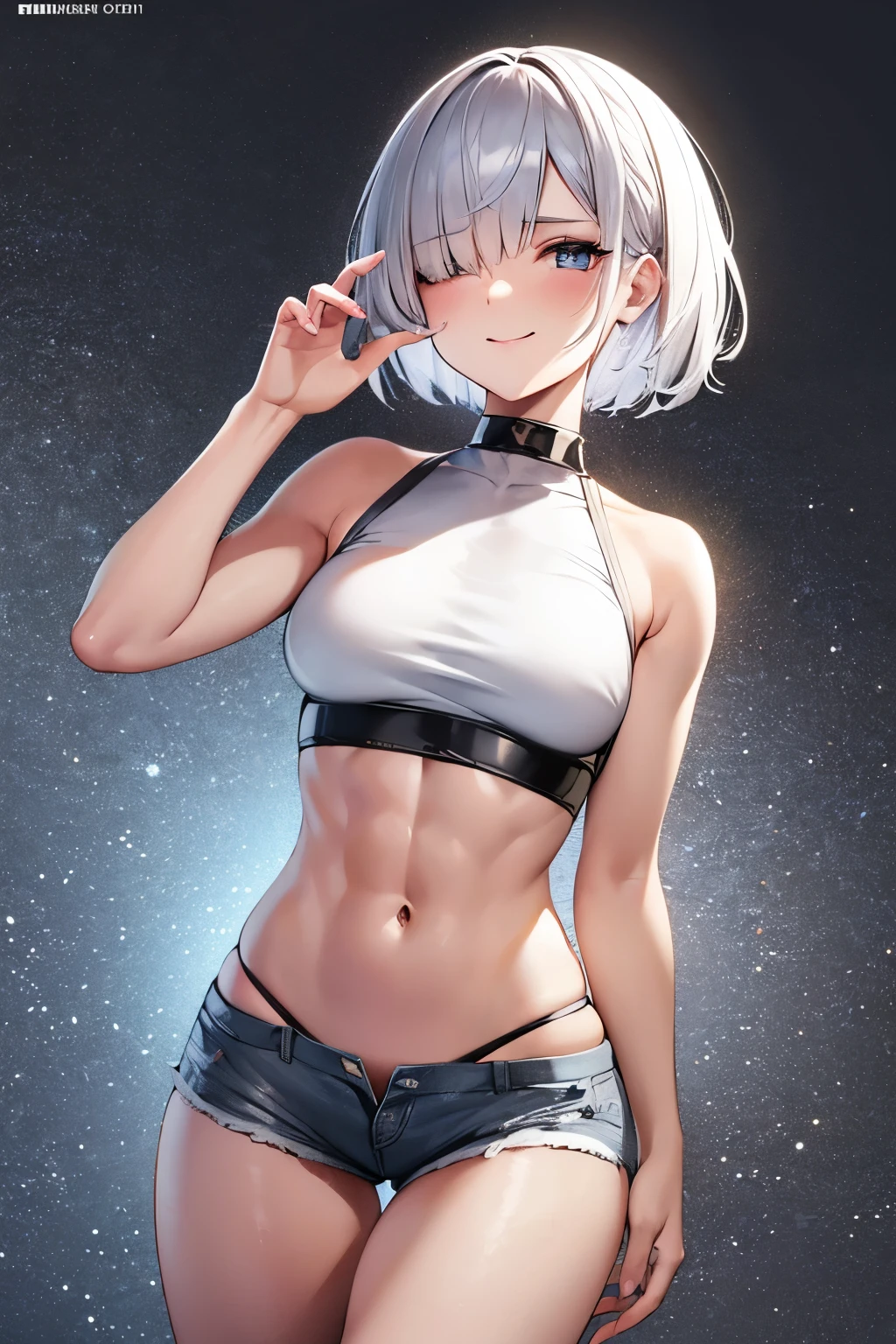 best quality, 32k, RAW photo, incredibly absurdres, extremely detailed, delicate texture, 18 years old cute girl, (close one eye:1.3), happy, shy, smile, iridescent platinum-silver messy pixie cut hair, wearing crop top, shorts, (abs:1.1), superlative body proportion, black engineer boots