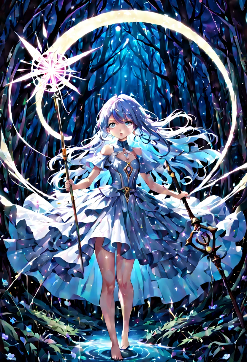 1girl, Digital illustration, Magical Girl in a Surreal Landscape, vibrant anime and fantasy art styles inspired by CLAMP and P.A. Works, the magical girl (hovers above a field of flowers, her flowing dress and long hair illuminated by a soft glow as sparkling petals swirl around her), shot on a high resolution digital camera with a 35mm lens from a three-quarter front view, rendered in crisp detail with atmospheric lighting effects, (masterpiece), (best quality), (ultra-detailed), illustration, disheveled hair, perfect composition, moist skin, intricate details, earrings