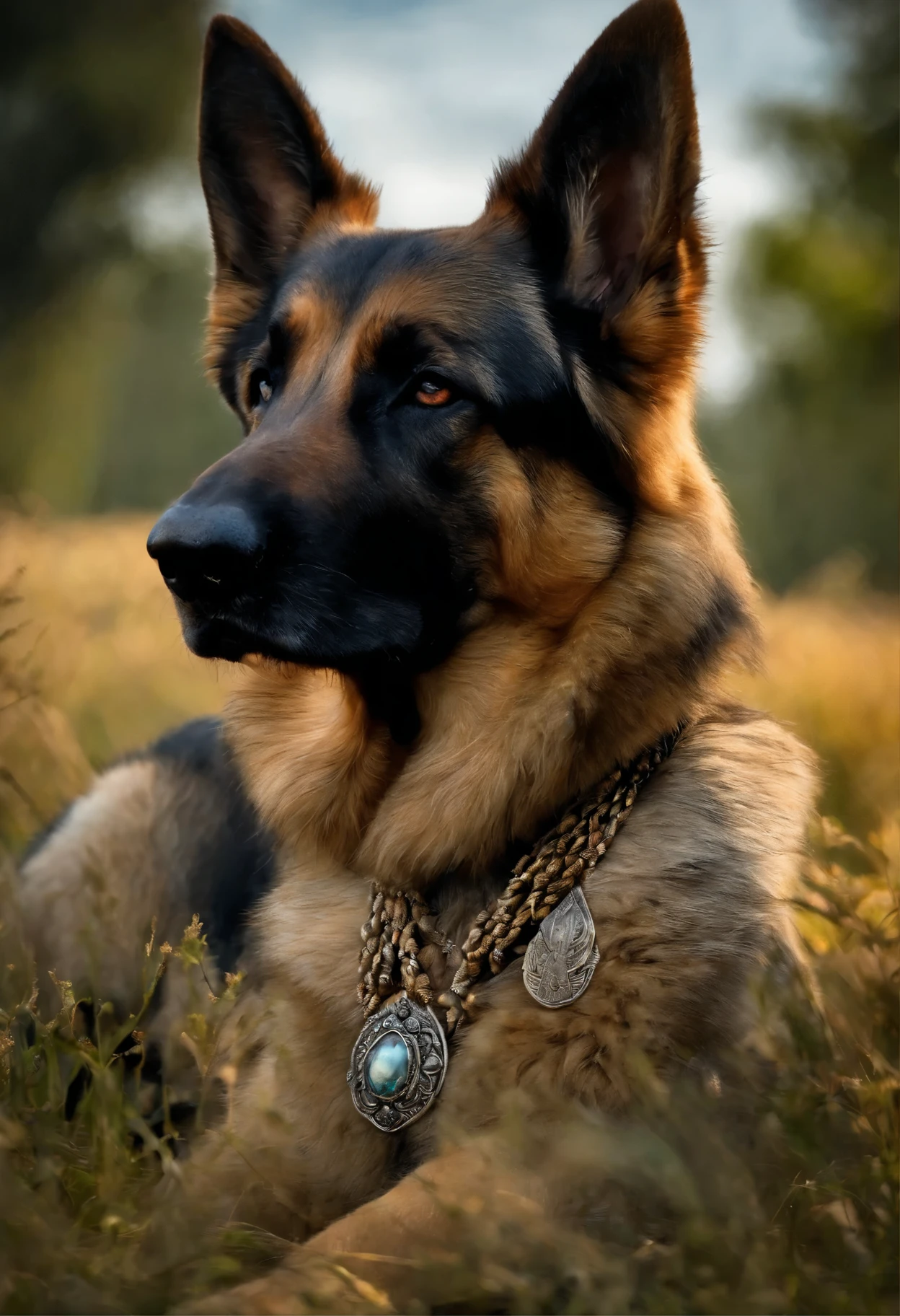 imagem de cachorro German Shepherd, sentado no campo, pintura digital altamente detalhada, retrato em close muito detalhado, Retrato de um grande cachorro German Shepherd, highly retrato detalhado, painted Retrato do severo Zeus, retrato detalhado, highly detailed photo portrait, retrato pintado de odin robusto, highly detailed illustration, matte illustration, Retrato do severo Zeus, retrato de alta qualidade, desenhado com photoshop