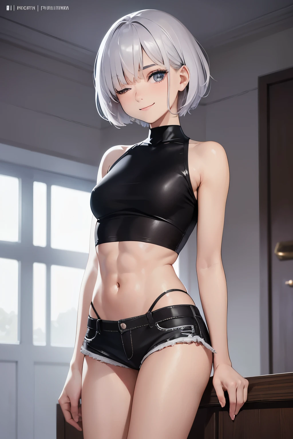 best quality, 32k, RAW photo, incredibly absurdres, extremely detailed, delicate texture, 18 years old cute girl, (close one eye:1.3), happy, shy, smile, iridescent platinum-silver messy pixie cut hair, wearing crop top, shorts, (abs:1.1), superlative body proportion, black engineer boots