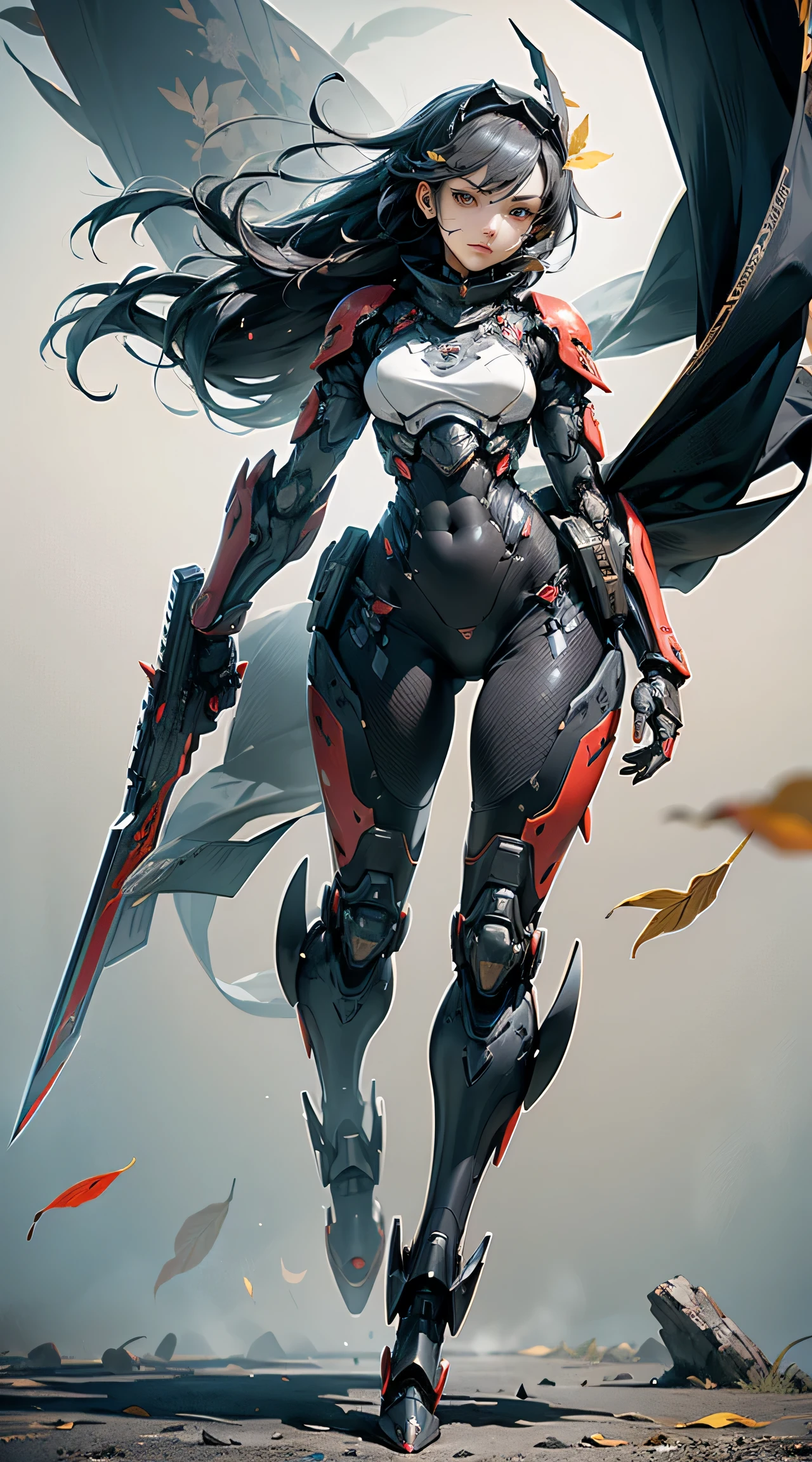 (table top,very detailed, heavy mechanism, hard surface),(concept art:1.1),(armored core style:0.8), A woman wearing ninja robot armor is standing,(Red and black body:1.1),(long legs:1.1),(Equipped with a gun:1.1),(fine eyes:1.3),(detailed face:1.3),(Weapon details:1.3),(detailed body:1.3),((Full body Esbian:1.5)),(in the background, leaves are scattered by the wind.:1.5),lively。lose left arm、dynamic pose