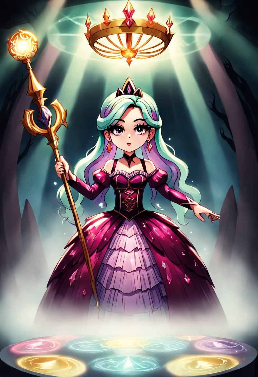 1girl, Amidst a moonlit forest, a young girl with flowing, pastel-colored hair stands surrounded by a swirl of sparkling stardust. Clad in a shimmering, frilly dress adorned with intricate magical symbols, she wields a staff that radiates a soft, ethereal glow. Her eyes glow with determination as she prepares to unleash her extraordinary powers against the forces of darkness, (masterpiece), (best quality), (ultra-detailed), illustration, disheveled hair, perfect composition, moist skin, intricate details, earrings