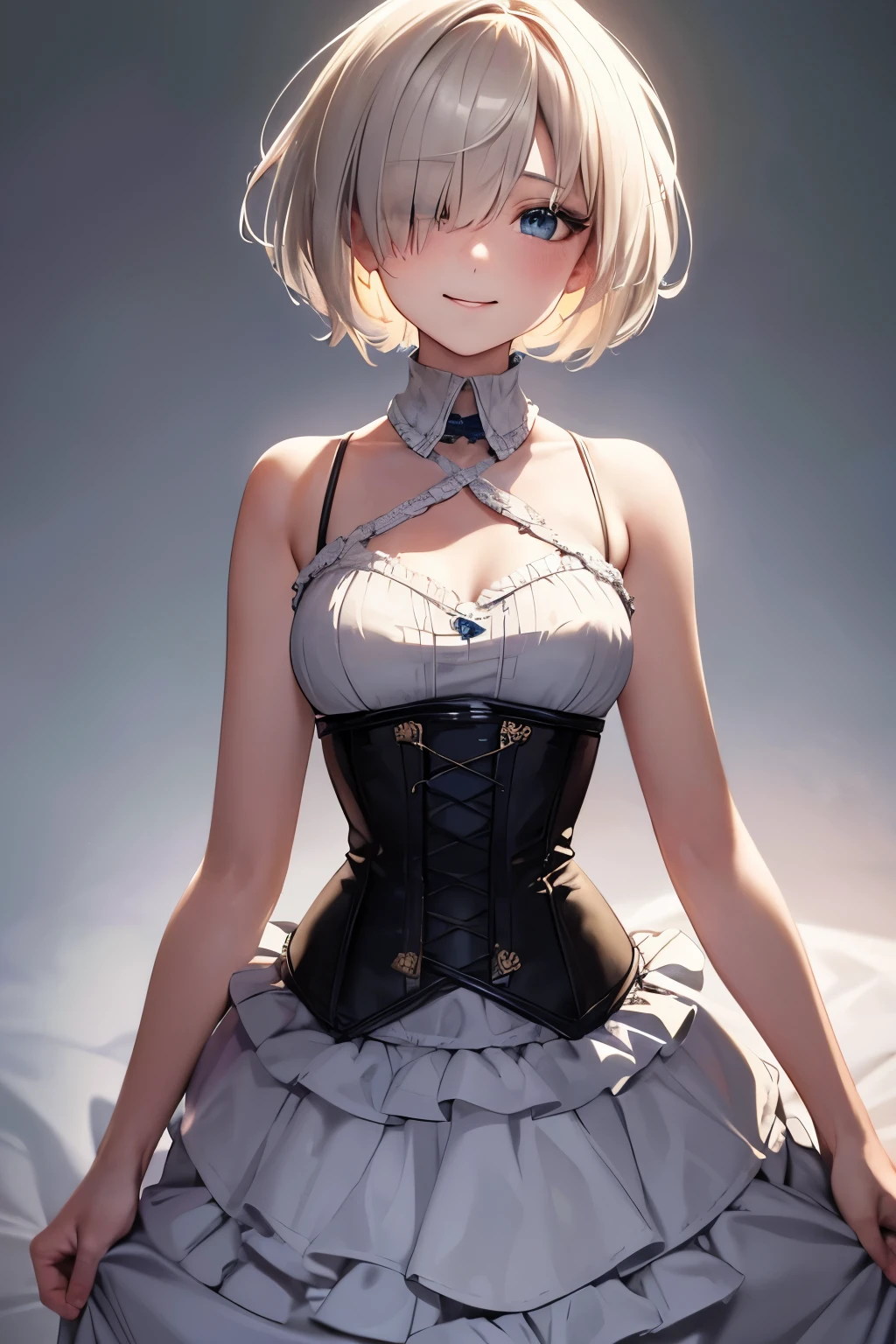 best quality, 32k, RAW photo, incredibly absurdres, extremely detailed, delicate texture, 18 years old cute girl, (close one eye:1.3), happy, shy, smile, iridescent platinum-blonde messy pixie cut hair, wearing dress with corset and ruffled long skirt, superlative body proportion