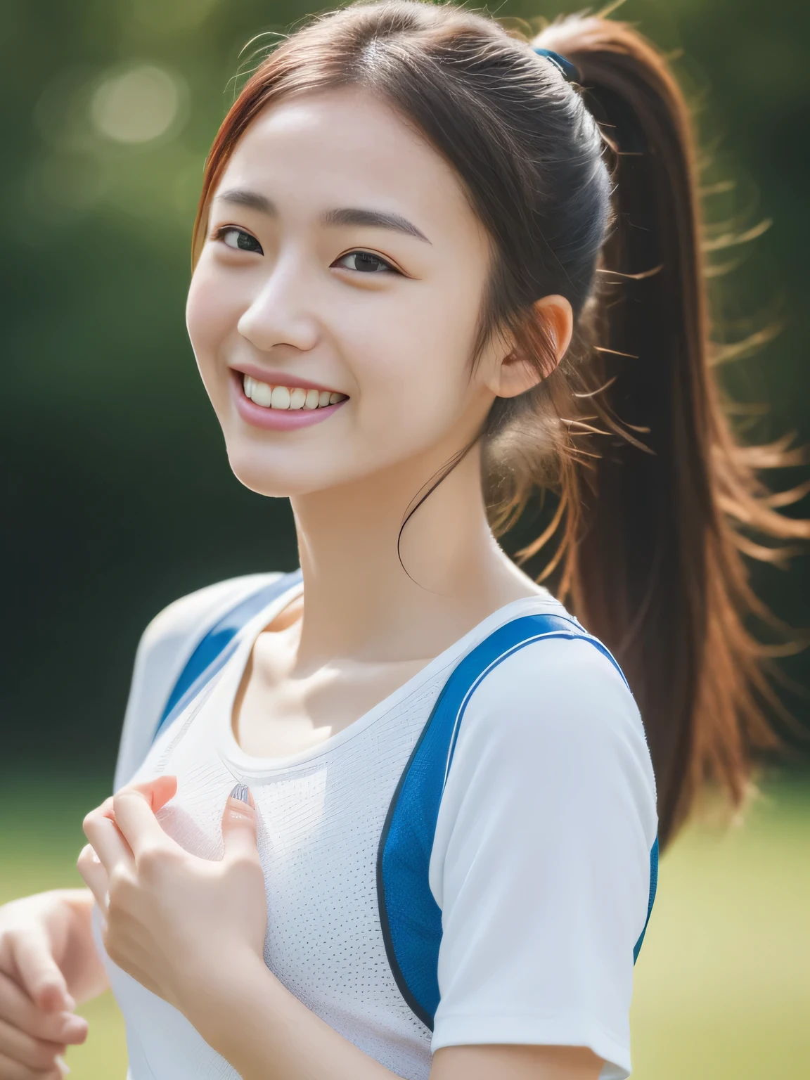 (masterpiece,highest quality:1.4),(8K,RAW photo,realistic:1.2),(shiny skin),fine skin,detailed face,fine eyes,1 girl,Upper body,japanese idol,very beautiful face,smile,Girl Running,Wearing sportswear ,outdoor