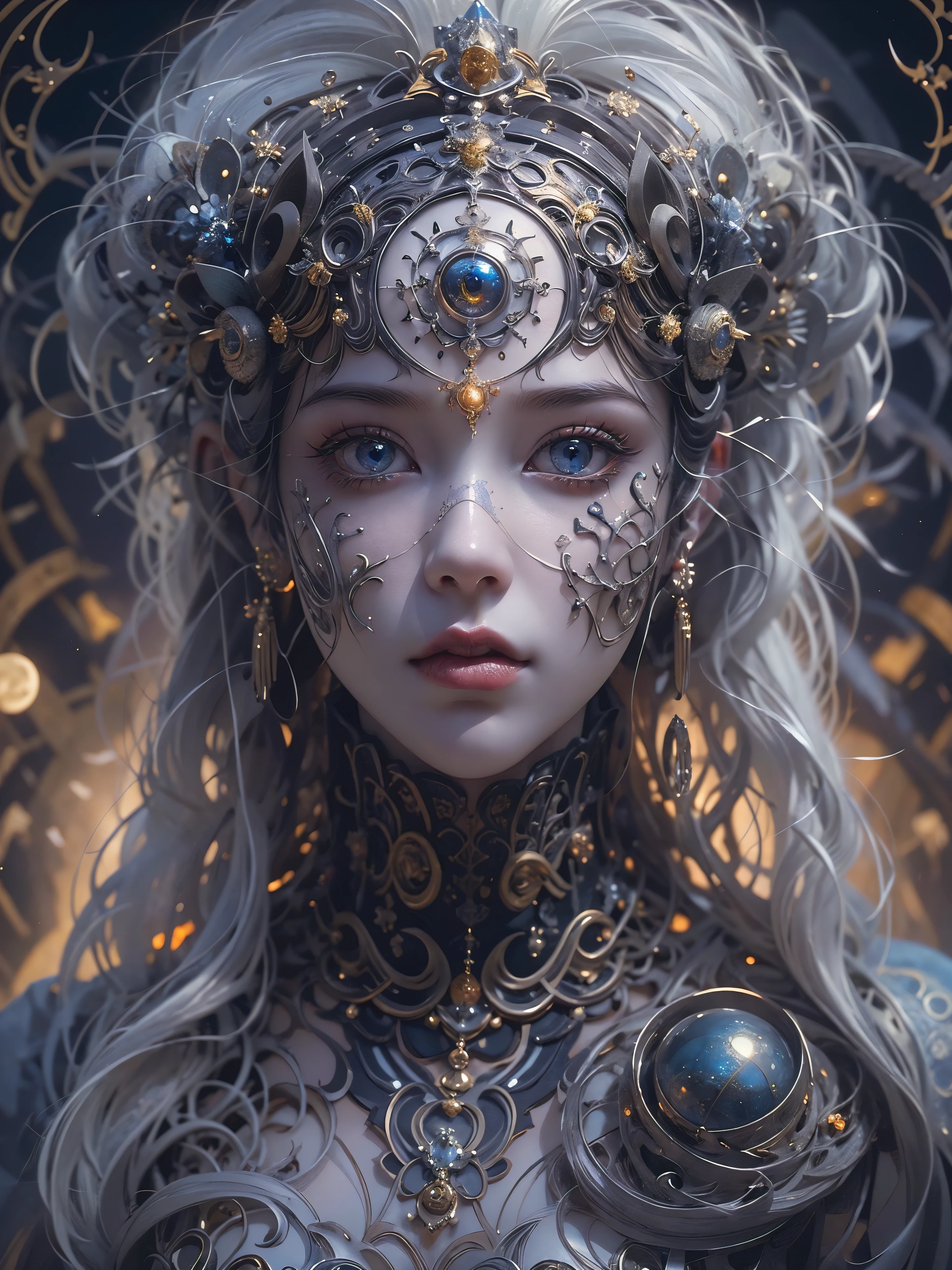 (best qualtiy,ultra - detailed,Most Best Illustration,white and dark composition, Best shadow,tmasterpiece,A high resolution,professionalartwork,famousartwork),Detailed eyes,beautidful eyes,closeup cleavage,sci-fy,colored sclera,Robot eyes,face markings,Tattooed with,(fractalized,Fractal eyes),largeeyes,Wide eyes,(Eye focus),sface focus,Cosmic eyes,Space eyes,Close-up of metal sculpture of a woman with a moon in her hair,goddes。extremly high detail,3 d goddess portrait,Extremely detailed footage of the goddess,a stunning portrait of a goddess,Side image of the goddess,portrait of a beautiful goddess,Full body close-up portrait of the goddess,hecate goddess,portrait of a norse moon goddess,goddess of space and time