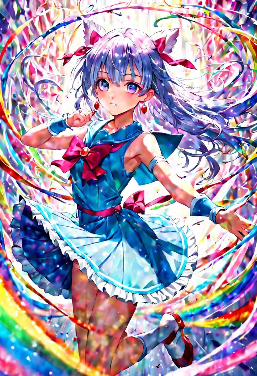 1girl, 📷 Capture the essence of a Magical Girl (Mahou Shoujo), medium: hyper-realistic photography, style: capturing the vibrant energy similar to that of Sailor Moon, lighting: high-key with a focus on bright, clean light to enhance her youthful energy, colors: a spectrum of rainbow hues with a dominance of sailor blue, composition: shot with a Sony Alpha 1, FE 135mm f/1.8 GM lens, resolution 50.1 megapixels, ISO 200, f/2.2 aperture, shutter speed 1/320 second. Position the Magical Girl in an action pose, mid-twirl, her ribbon-like accessories flowing dynamically around her, (masterpiece), (best quality), (ultra-detailed), illustration, disheveled hair, perfect composition, moist skin, intricate details, earrings