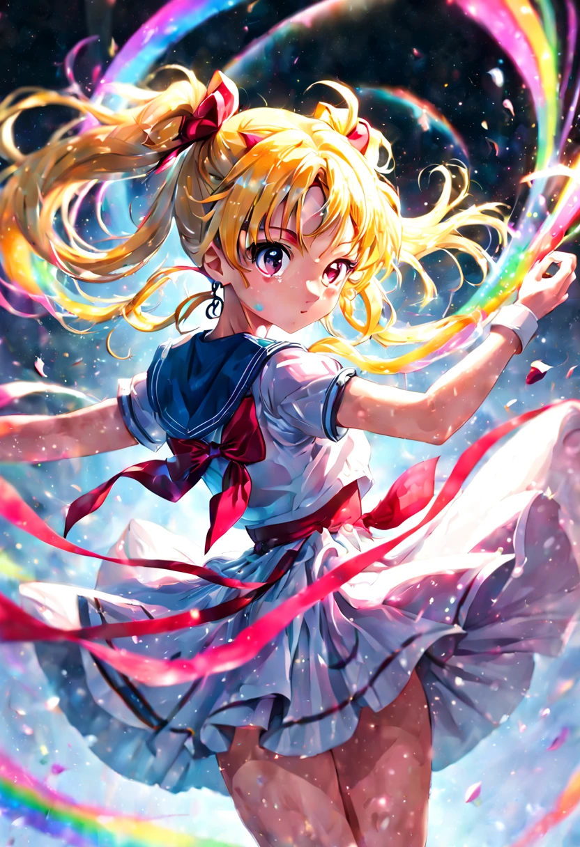 1girl, 📷 Capture the essence of a Magical Girl (Mahou Shoujo), medium: hyper-realistic photography, style: capturing the vibrant energy similar to that of Sailor Moon, lighting: high-key with a focus on bright, clean light to enhance her youthful energy, colors: a spectrum of rainbow hues with a dominance of sailor blue, composition: shot with a Sony Alpha 1, FE 135mm f/1.8 GM lens, resolution 50.1 megapixels, ISO 200, f/2.2 aperture, shutter speed 1/320 second. Position the Magical Girl in an action pose, mid-twirl, her ribbon-like accessories flowing dynamically around her, (masterpiece), (best quality), (ultra-detailed), illustration, disheveled hair, perfect composition, moist skin, intricate details, earrings