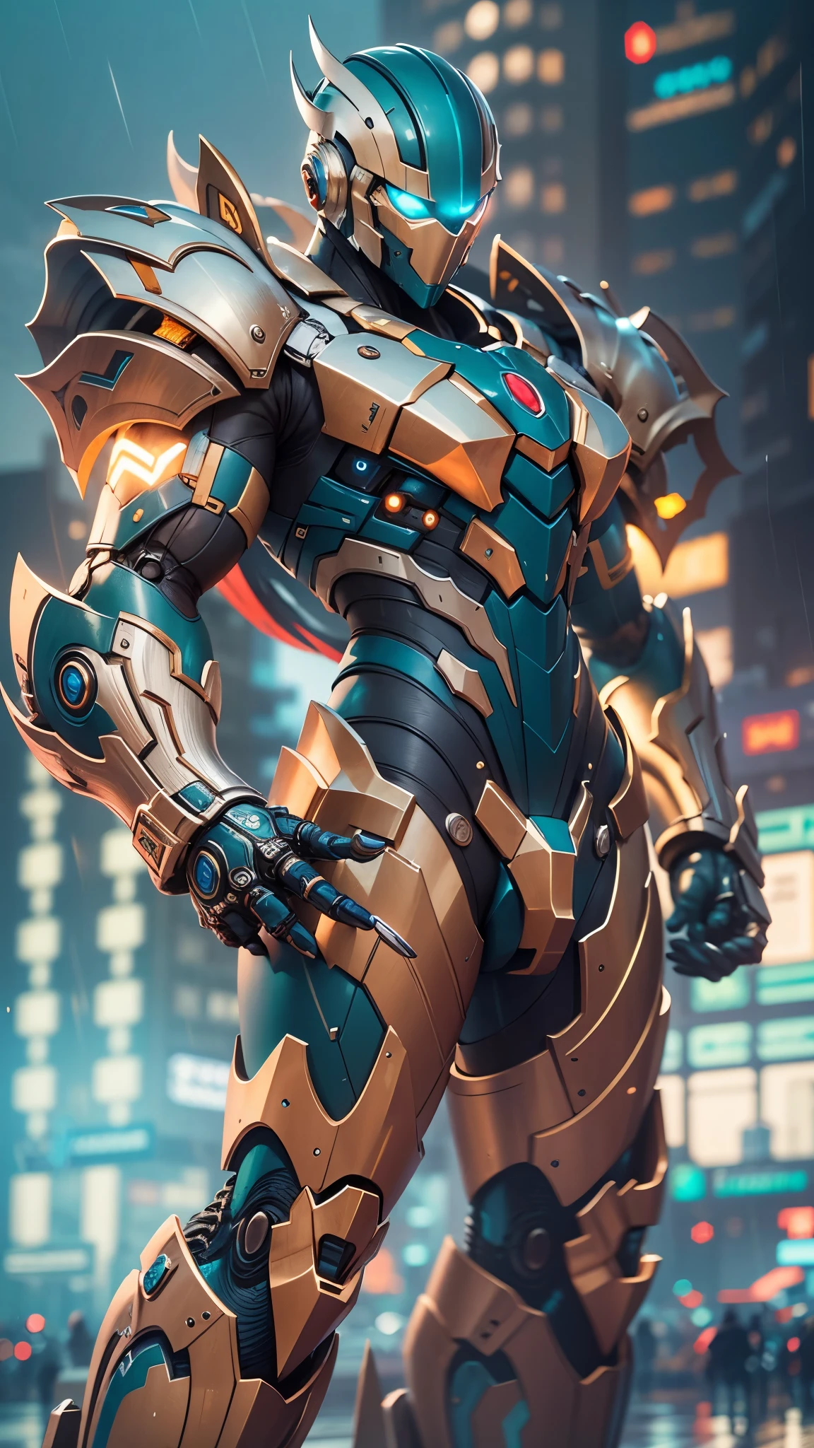 a futuristic robot warrior, metallic and sleek design, glowing LED lights, powerful and intimidating appearance, advanced weapon systems, golden cape, combat-ready posture, high-tech armor plating, blue and gold color scheme, intricate mechanical details, high-quality rendering, ultra-detailed and realistic, professional concept art, urban cityscape,skyscrapers, stormy and dramatic background