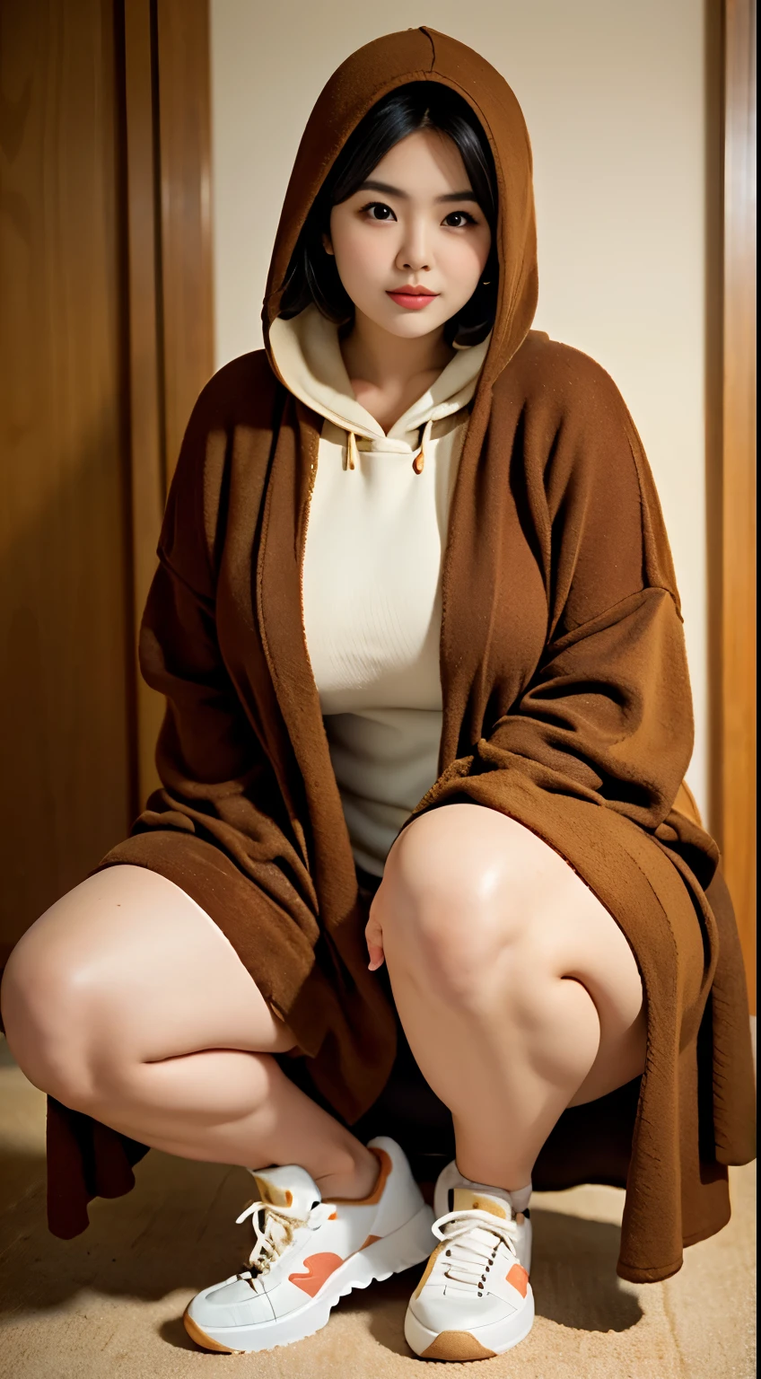 there is a woman sitting down with a longest brown hijab, bbwchan, thicc, brown hijab outfit, brown hijab fashion model, korean girl, korean woman, wearing brown robe, full length shot, alluring plus sized model, japanese goddess, clothed in hooded, voluptuous and arousing, portrait shot, curvy model, voluptuous body, wonderful, nene tanaka body , bbwchan, The overall atmosphere is smooth , haunting illustrations, extremely high-resolution details, photographic, realism pushed to extreme, fine texture, 4k, ultra-detailed, high quality, high contrast, red Color sneakers, naked, open leg, cum ,cream pie at the vagina