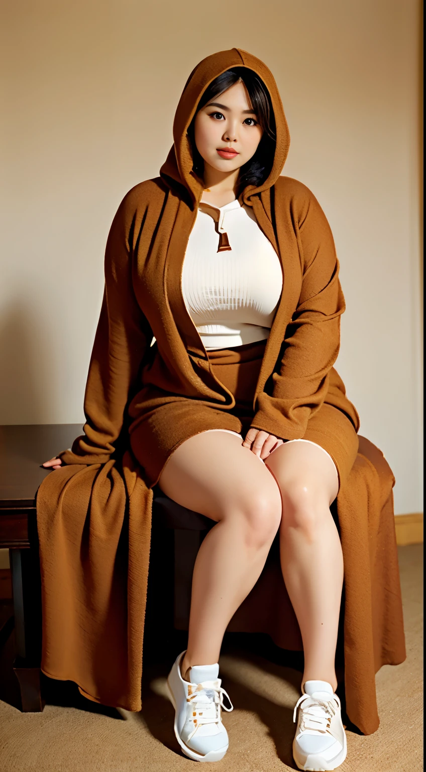 there is a woman sitting down with a longest brown hijab, bbwchan, thicc, brown hijab outfit, brown hijab fashion model, korean girl, korean woman, wearing brown robe, full length shot, alluring plus sized model, japanese goddess, clothed in hooded, voluptuous and arousing, portrait shot, curvy model, voluptuous body, wonderful, nene tanaka body , bbwchan, The overall atmosphere is smooth , haunting illustrations, extremely high-resolution details, photographic, realism pushed to extreme, fine texture, 4k, ultra-detailed, high quality, high contrast, red Color sneakers, naked, open leg, cum ,cream pie at the vagina