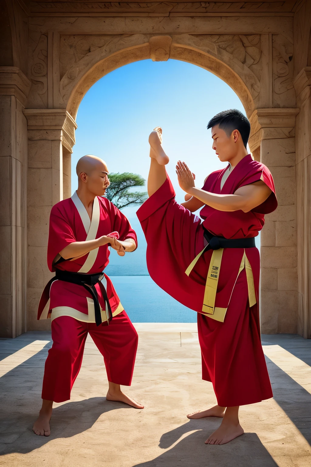 Kung fu monks in traditional robes, performing intricate martial arts poses, serene expressions, deep concentration, HDR, shadowy temple background, dynamic, dramatic, intense focus, vibrant colors, cinematic shot, masterful, hyper-realistic, ancient wisdom, centered, powerful energy, martial arts dojo, sweeping motion, wise and enlightened, epic battle scene, focused and determined.