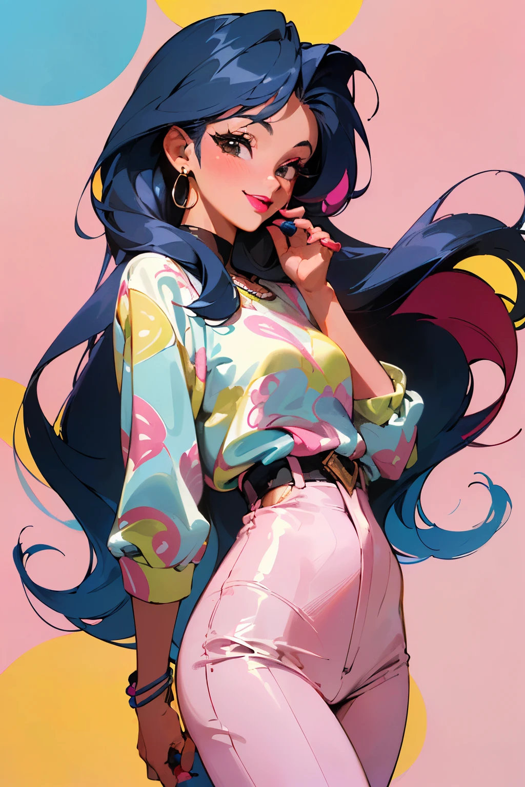 ((best quality)), ((masterpiece)), (detailed), perfect face, 1girl, (((solo))), (((beautiful))), (((long loose silky hair, any colour hair))), (((any skin colour))), (((lipstick, any colour lipstick))), (((blush))), (((smile))), ((((casual 90's clothes, fashionable 90's attire, trendy style)))), (((stylish accessories))), (((colourful 90's background, any pattern)))