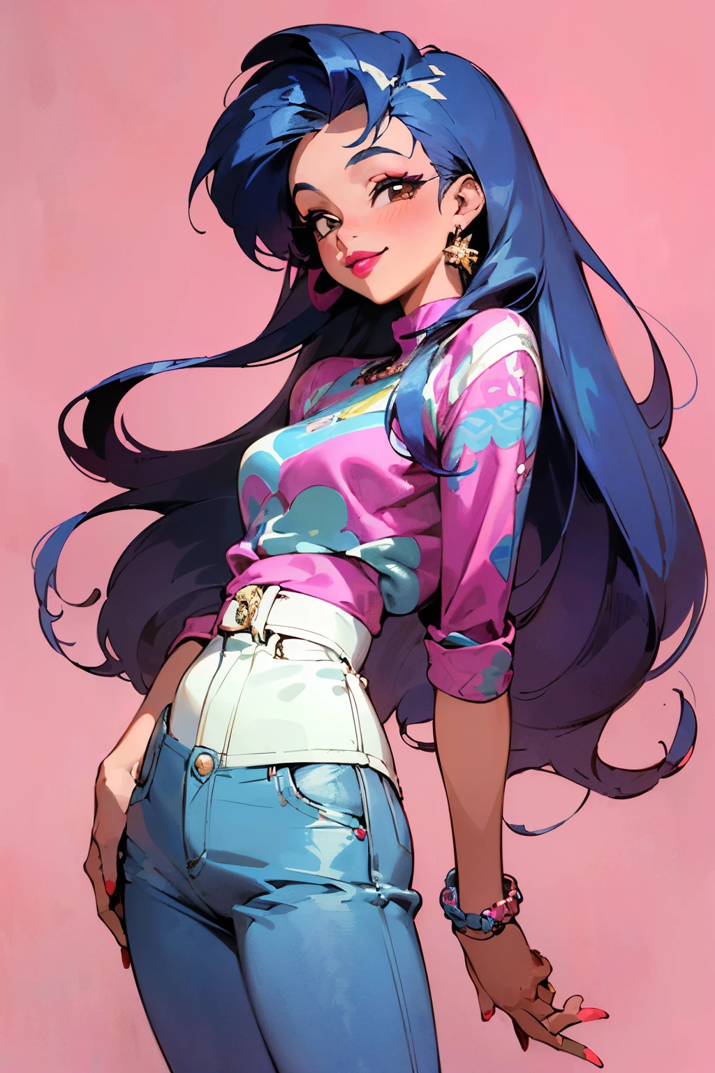 ((best quality)), ((masterpiece)), (detailed), perfect face, 1girl, (((solo))), (((beautiful))), (((long loose silky hair, any colour hair))), (((any skin colour))), (((lipstick, any colour lipstick))), (((blush))), (((smile))), ((((casual 90's clothes, fashionable 90's attire, trendy style)))), (((stylish accessories))), (((colourful 90's background, any pattern)))