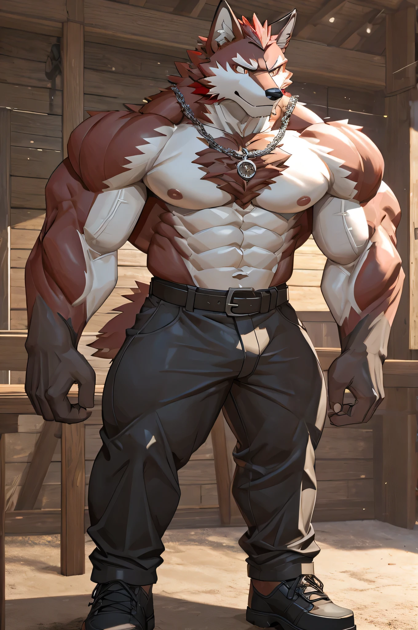 best quality,Super detailed,Red Wolf, muscular, alpha male, instructor，rough textured fur,Keep fit