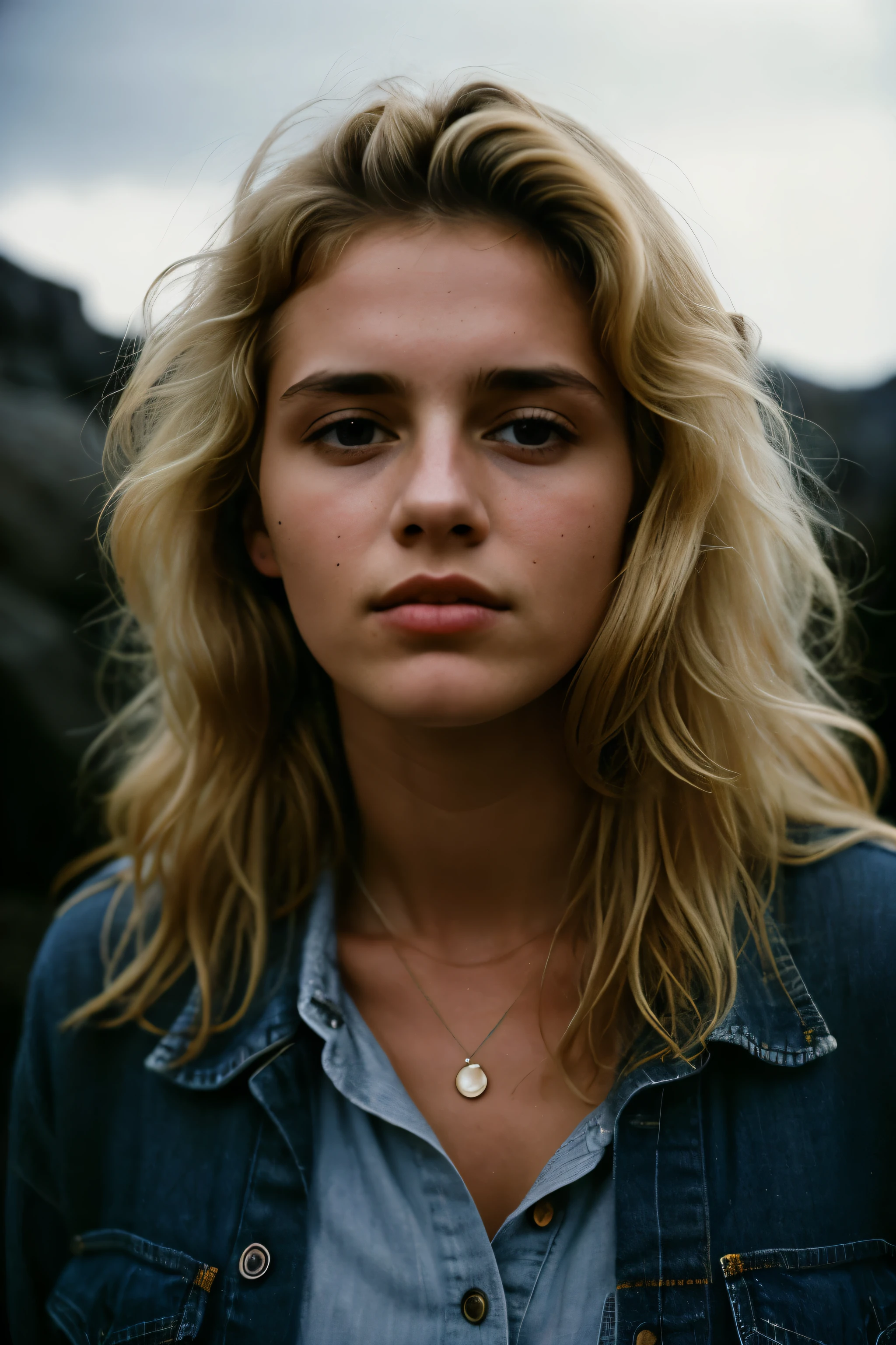 photograph of a woman, (troubled facial expression), textured skin, goosebumps, blonde afro hair, plaid flannel shirt with distressed boyfriend jeans, cowboy shot, dark and mysterious cave with unique rock formations and hidden wonders, perfect eyes, (candlelight,chiaroscuro), Porta 160 color, shot on ARRI ALEXA 65, bokeh, sharp focus on subject, shot by Don McCullin