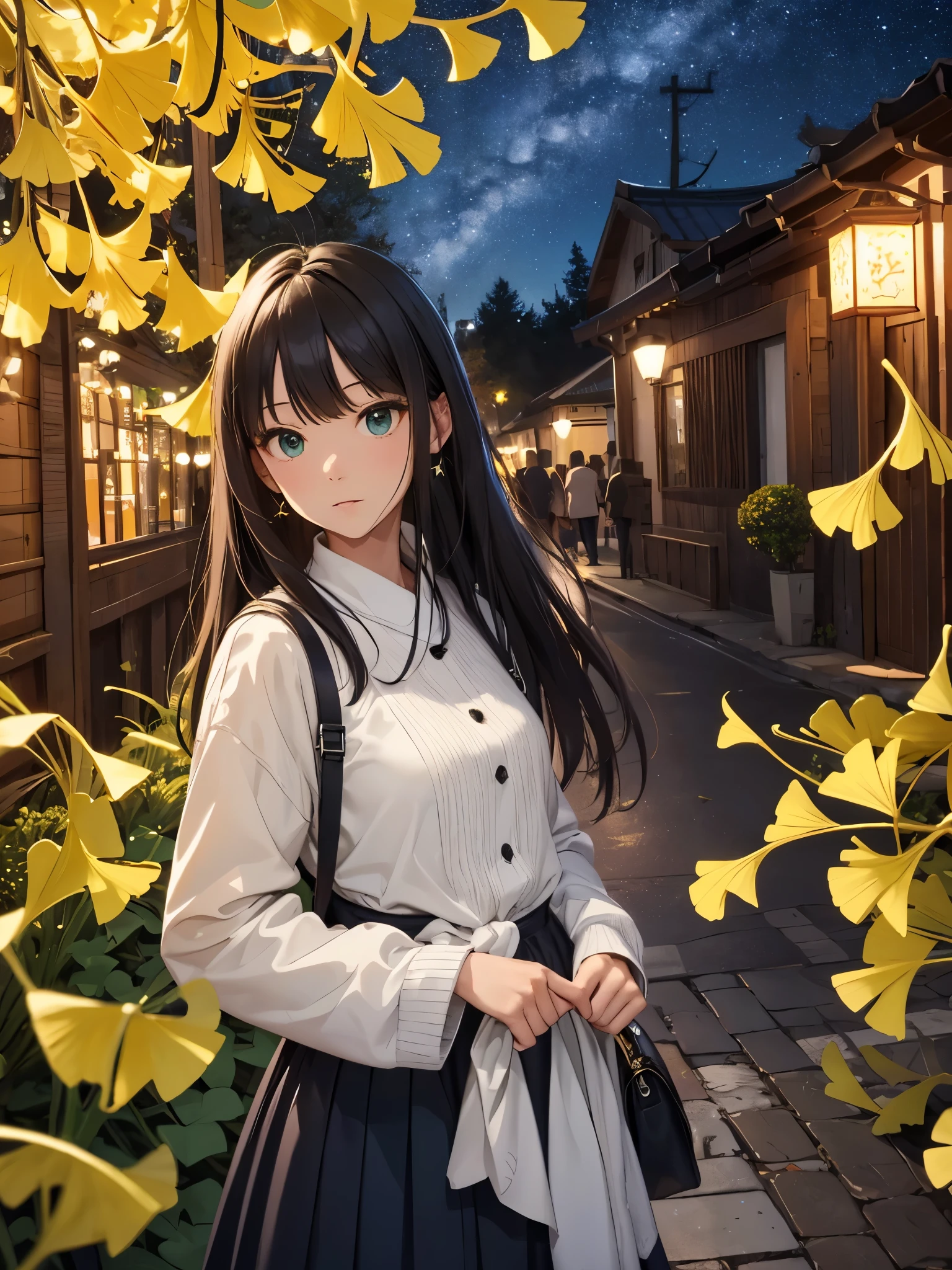 highest quality, table top, beautiful mature women、beautiful face、strong-willed woman、(blue long skirt、white coat、Black long sleeves)、black hair、(green eyes)、long hair、smaller eyes、(((ginkgo tree with autumn leaves、ginkgo tree)))、(night scene、starry sky:1.5)、street light
