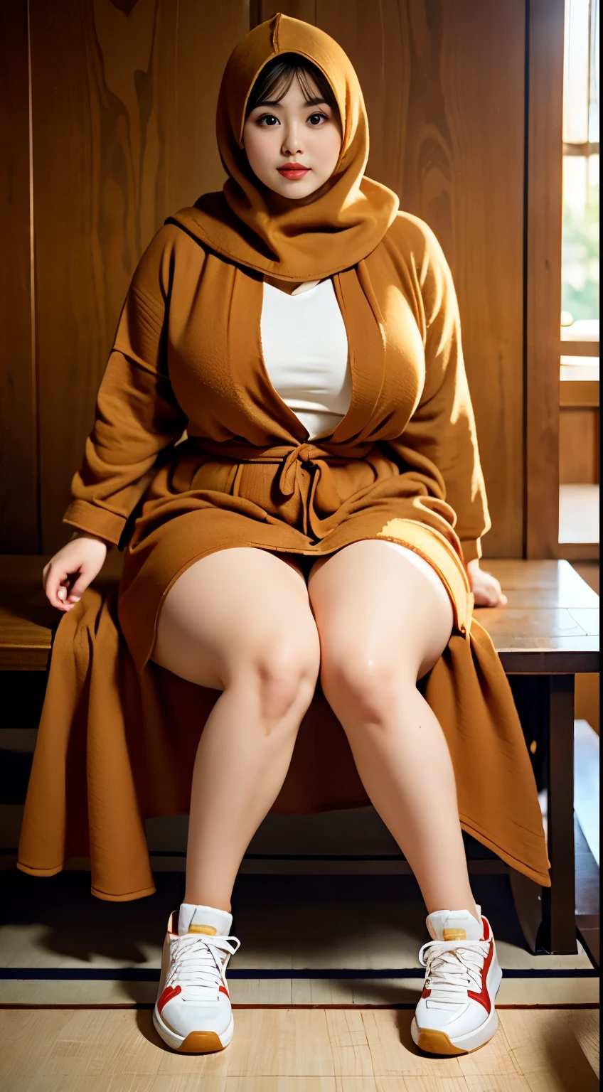 there is a woman sitting down with a longest brown hijab, bbwchan, thicc, brown hijab outfit, brown hijab fashion model, korean girl, korean woman, wearing brown robe, full length shot, alluring plus sized model, japanese goddess, clothed in hooded, voluptuous and arousing, portrait shot, curvy model, voluptuous body, wonderful, nene tanaka body , bbwchan, The overall atmosphere is smooth , haunting illustrations, extremely high-resolution details, photographic, realism pushed to extreme, fine texture, 4k, ultra-detailed, high quality, high contrast, red Color sneakers, naked, open leg, cum ,cream pie at the vagina