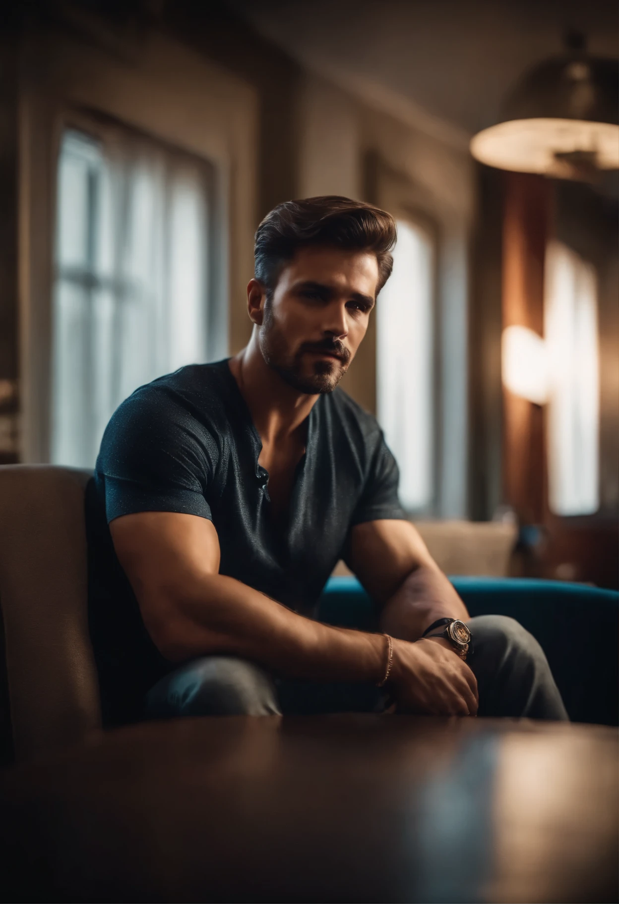 man sitting down very handsome with 6 packs