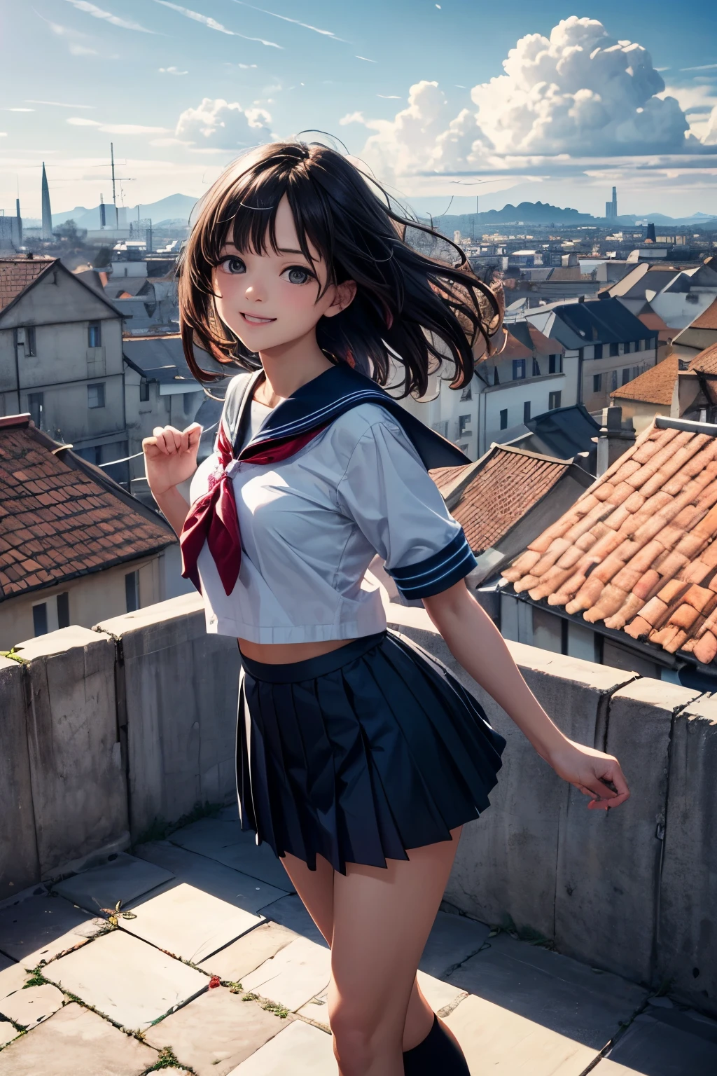 very cute and beautiful girl,teen,(highly detailed beautiful face),
(smile:1.2),black hair,(sailor school uniform,pleated navy blue mini skirt),dynamic pose,looking at viewer,
many european houses with red roof,(town overview:1.2),
(best quality,masterpiece:1.2),absurdres,highres,ultra-detailed,extremely detailed,32k,8k resolution,
intricate details,cinematic scene,detailed background,solo,dynamic angle,
solo,hair fluttering in the wind,beautiful detailed sky,