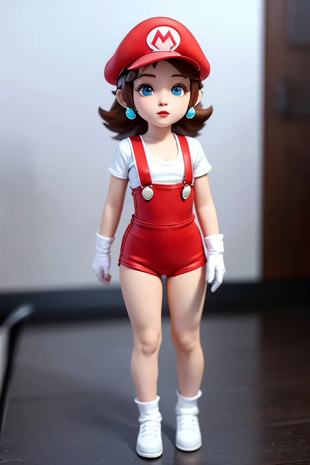 (female Mario), character design, Nintendo Super Mario, (blue eyes, red hat, red suit, blue suspenders, white gloves, )super cute blind box style, chibi, full body, exaggerated expressions and actions, clean background, bright iridescent highlights, studio lighting, atmospheric lighting, with exquisite texture, high detail, high resolution, c4d, 3D, Blender, 8k, best quality, ultra high definition