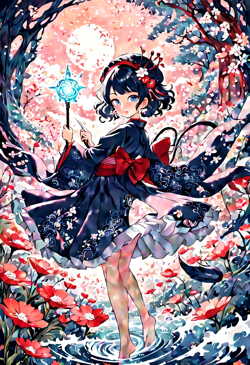 1girl, A young Magical Girl, gracefully casting a spell with her wand, surrounded by enchanting flora and fauna, radiating magical energy. The scene should evoke a sense of wonder and mystery. The style should emulate the intricate brushwork and delicate linework of Katsushika Hokusai, with a focus on capturing the essence of traditional Japanese ukiyo-e art. The medium should be a watercolor painting on canvas, showcasing vibrant colors and fluid brushstrokes. The category is fantasy art, depicting the magical realm. The color palette should consist of pastel hues and ethereal blues, creating a dreamlike atmosphere. The digital graphics should enhance the magical elements, adding subtle glows and sparkles. The resolution should be high, allowing for intricate details to be captured, (masterpiece), (best quality), (ultra-detailed), illustration, disheveled hair, perfect composition, moist skin, intricate details, earrings