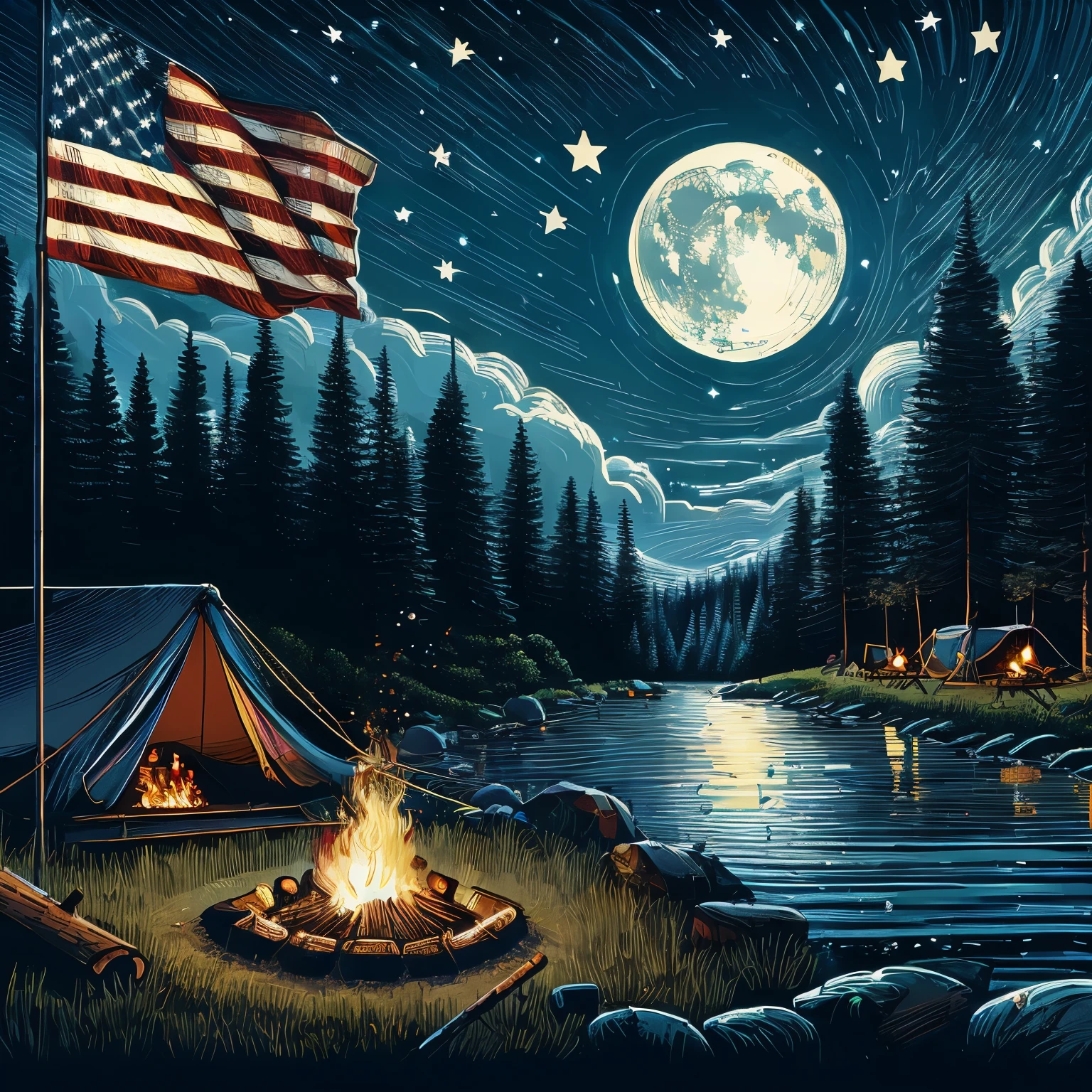 night scene of a campfire with a flag and a campfire, american scene painting, at a campfire at night, campfire background, night time scene, calm night. digital illustration, camp fire, stary night painting, camping, painting by dan mumford, nighttime nature landscape, inspired by Terry Redlin, james r. eads, campfire in background, very detailed illustration