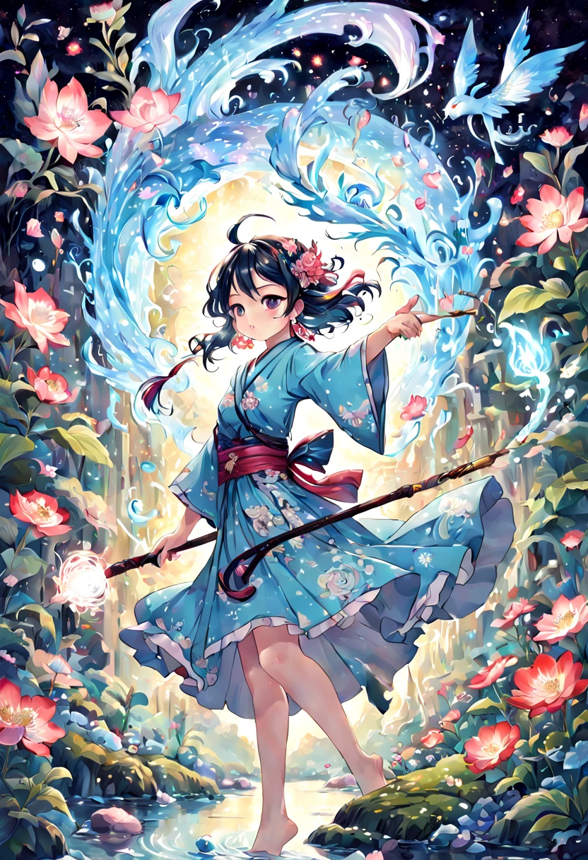 1girl, A young Magical Girl, gracefully casting a spell with her wand, surrounded by enchanting flora and fauna, radiating magical energy. The scene should evoke a sense of wonder and mystery. The style should emulate the intricate brushwork and delicate linework of Katsushika Hokusai, with a focus on capturing the essence of traditional Japanese ukiyo-e art. The medium should be a watercolor painting on canvas, showcasing vibrant colors and fluid brushstrokes. The category is fantasy art, depicting the magical realm. The color palette should consist of pastel hues and ethereal blues, creating a dreamlike atmosphere. The digital graphics should enhance the magical elements, adding subtle glows and sparkles. The resolution should be high, allowing for intricate details to be captured, (masterpiece), (best quality), (ultra-detailed), illustration, disheveled hair, perfect composition, moist skin, intricate details, earrings