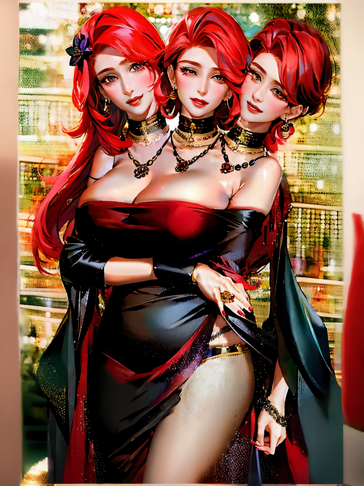 (masterpiece, best quality), best resolution, (2heads:1.5), (Two heads), fix eyes, clear faces, long hair, 1girl, , jewelry, red hair, solo, necklace, long hair, earrings, mole under mouth, red nails, petals, red lips, hair ornament, flower, black flower, pearl necklace, portrait, lipstick, makeup, grey eyes, nail polish,shiny skin, large breasts,caberuel,(mature female:1.16),