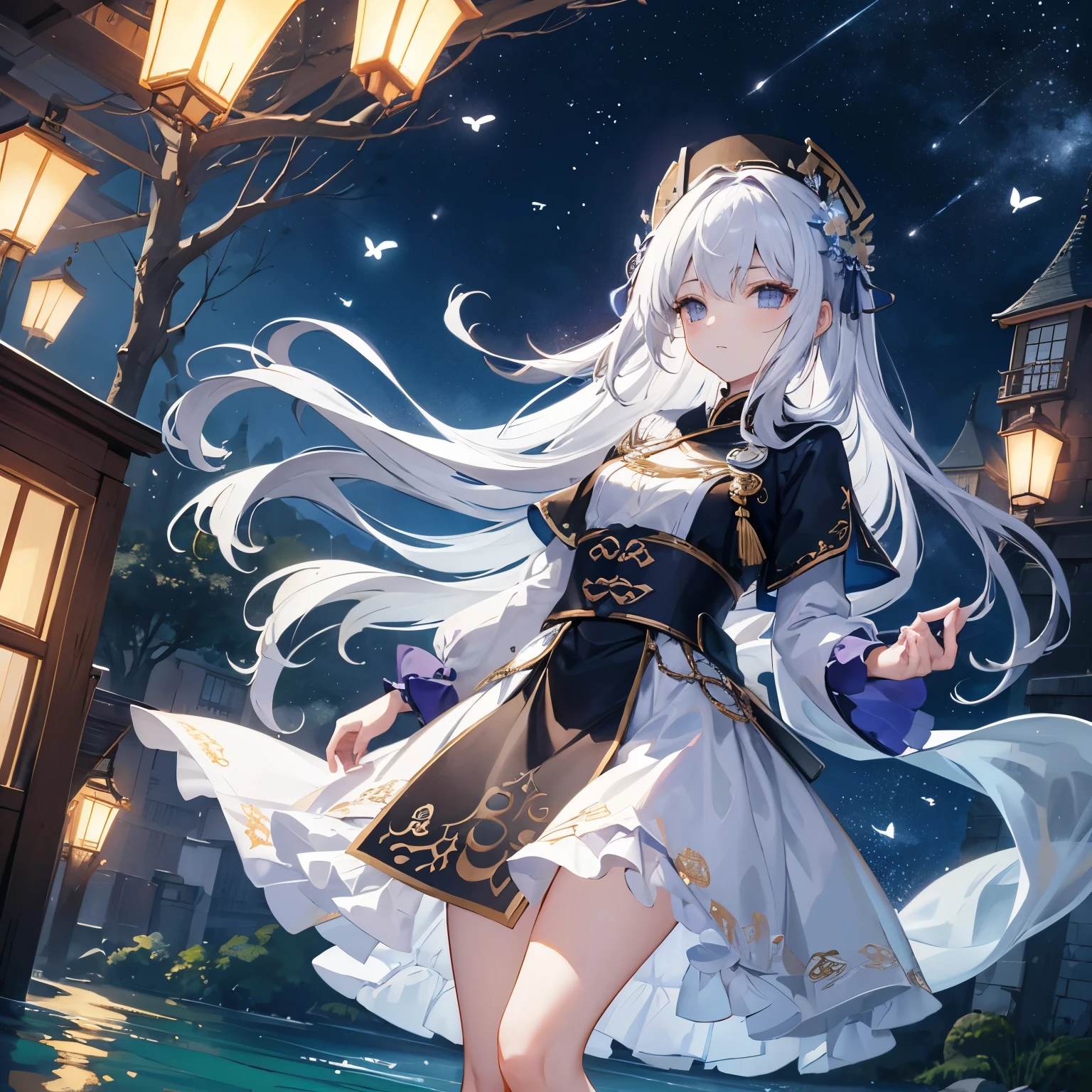 original, (masterpiece), (figure), (very detailed and beautiful), (perfect details), (Unity CG8K Wallpaper:1.05), (beautiful and clear background:1.25), (Depth of bounds written:0.7),1 girl,Huang Hsiaoyi , (Standing on the side of the river:1.15).(hair blowing in the wind:1.1),butterflys flying around, (Moonlight:0.6), wood, (summer), (night:1.2), (close:0.35), (gloves:0.8), alone ,Ghost people,
