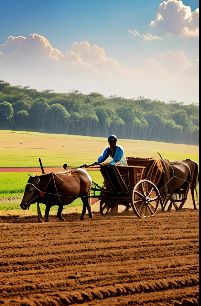 An Indian man Ploughing field with Bull and cart