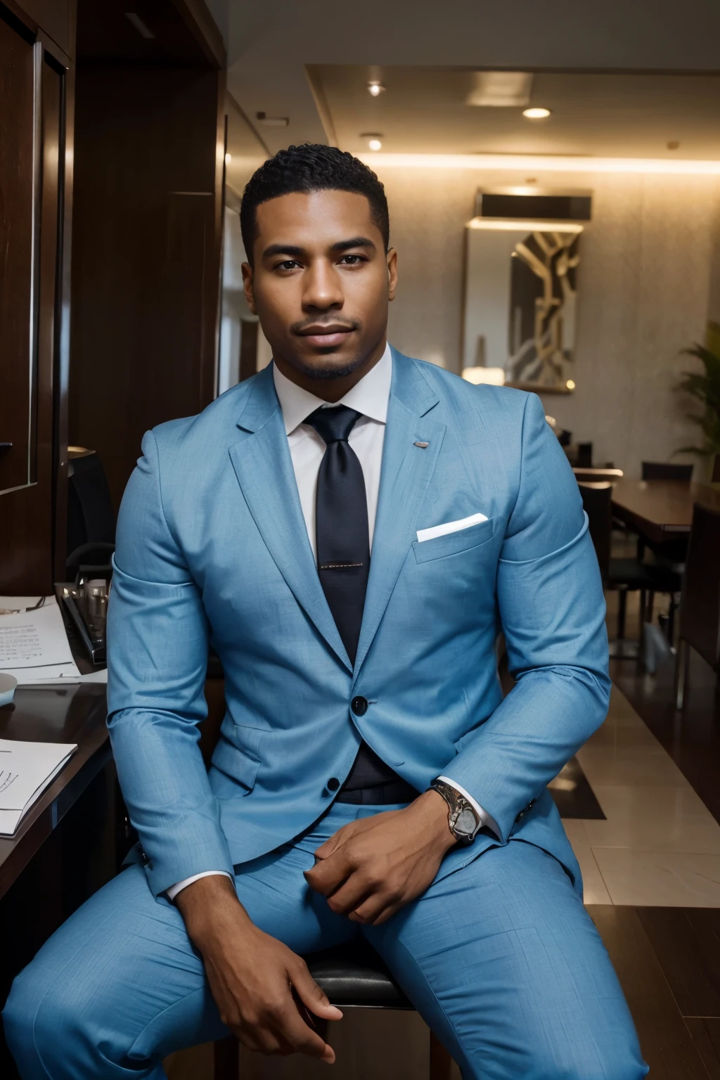 A handsome black businessman in a luxurious setting during the day, conveying confidence and determination. He is an expert in personal finance and investments, conhecido por sua postura confiante e determinada. Máx has a striking and masculine face, with defined traits that convey maturity and determination. Their skin is dark in color, negro, afro highlighting your beauty and highlighting your imposing presence. Ele tem um olhar penetrante e confiante, transmitindo autoridade e conhecimento, while your smile is captivating and friendly. Máx wears an elegant light blue suit, with an impeccable tie and a stylish pocket square. He is sitting in an imposing chair, com uma postura ereta e confiante. Ao seu redor, there is an atmosphere of seriousness and professionalism. He is passionate about teaching people about finance and is always ready to share his knowledge to help others achieve financial independence.