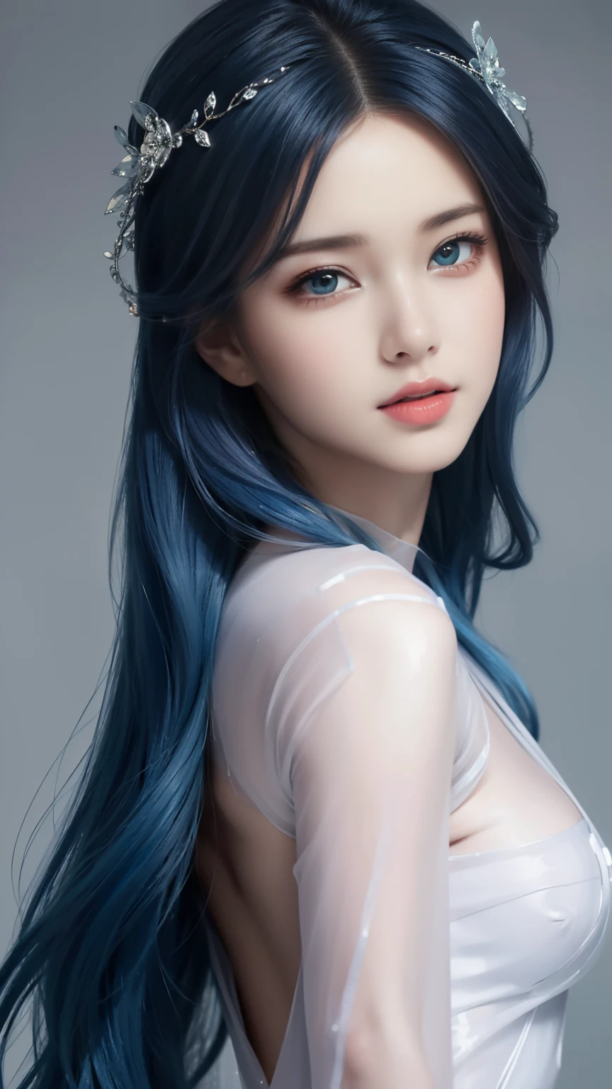 (hyper-realistic), (illustration), (high resolution), (8k), (Very detailed), (最佳illustration), (Beautiful and delicate eyes), (best quality), (Super detailed), (masterpiece), (wallpaper), (lifelike), (Natural light), (edge lit), (Detailed face), (高度细致lifelike皮肤纹理), (anatomically correct), (alone), (1 girl), (高细节lifelike头发), (blue hair:1.2), spiky hair, (heterochromatic eyes), (Detailed green eyes), (There is a small mole under the eye), (realistic:1.5), (Naked of breast:1.3), (long legs), (slim abs), (dynamic poses), (Keep your mouth shut:1.3), (Traditional Hanfu), (transparent clothes:1.5), national foundation,